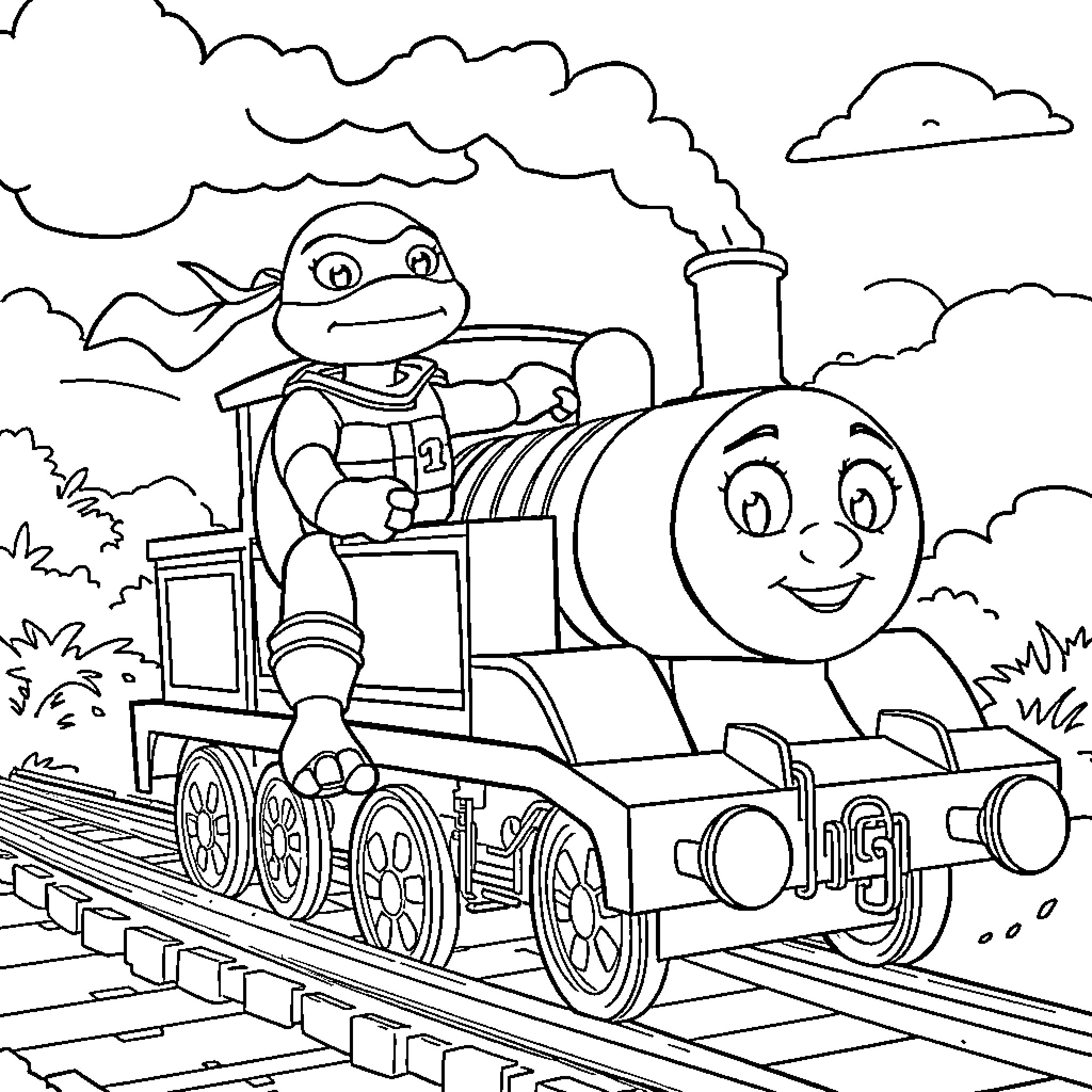Ninja Turtle riding a happy train through the countryside Coloring Page (free black-and-white line drawing printable PDF for all, from beginners to advanced learners, including children, teens, adults, and seniors)