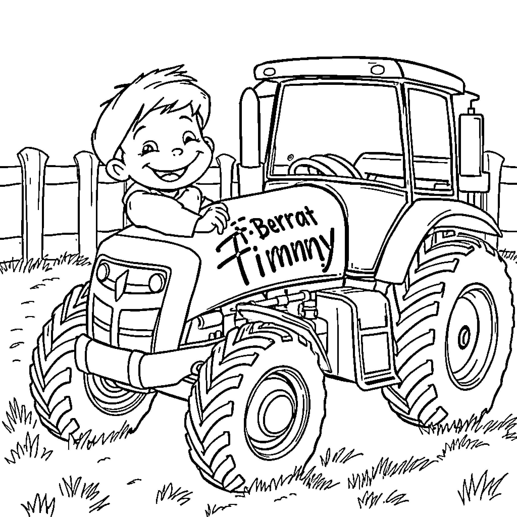 Boy driving a tractor on the farm Coloring Page (free black-and-white line drawing printable PDF for all, from beginners to advanced learners, including children, teens, adults, and seniors)