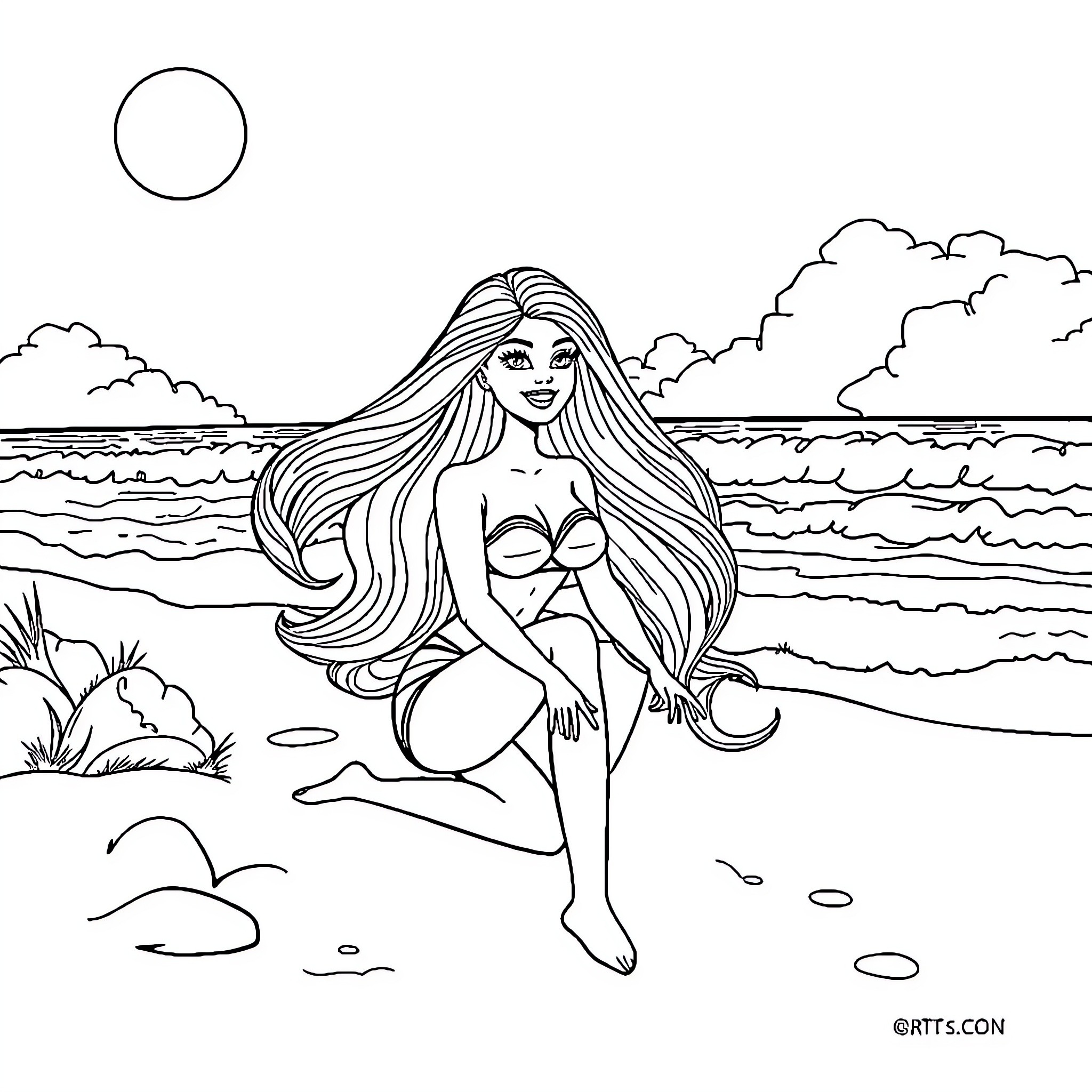 Barbie enjoying a sunny day at the beach Coloring Page (free black-and-white line drawing printable PDF for all, from beginners to advanced learners, including children, teens, adults, and seniors)