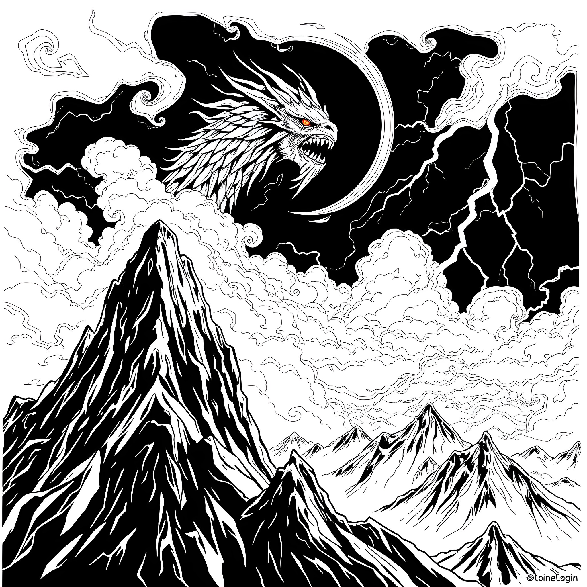 Sauron's Wrath: The Monstrous Dragon Unleashes its Fury Coloring Page (free black-and-white line drawing printable PDF for all, from beginners to advanced learners, including children, teens, adults, and seniors)