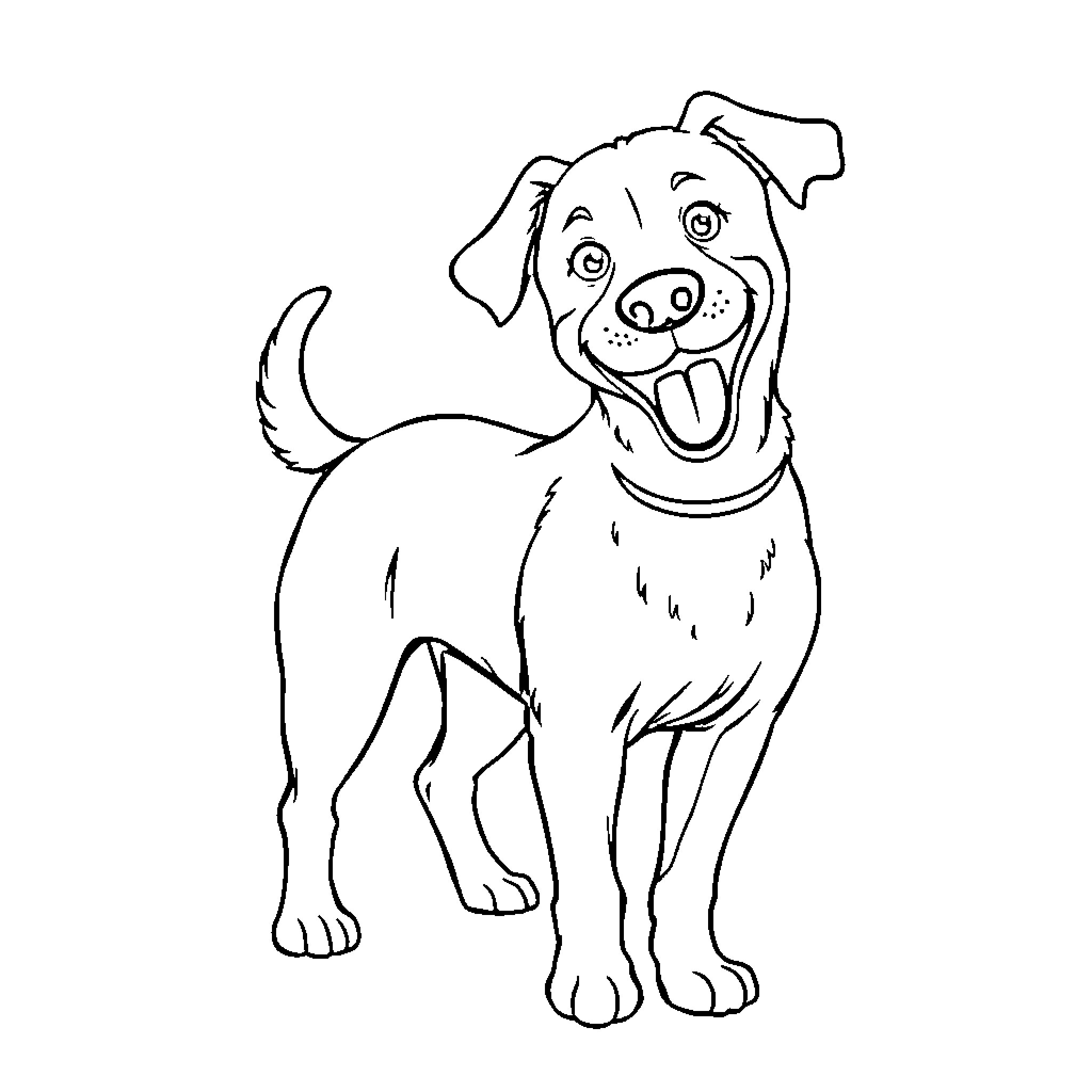 Dog with happy expression in simple outline Coloring Page (free black-and-white line drawing printable PDF for all, from beginners to advanced learners, including children, teens, adults, and seniors)