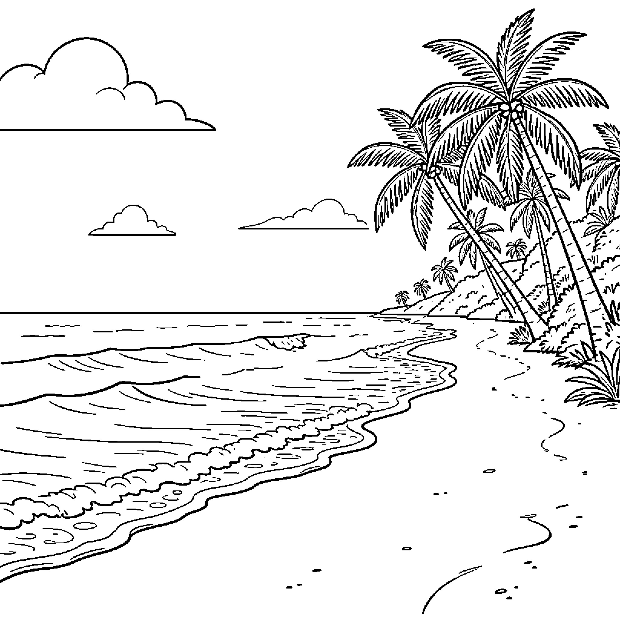 Beach with palm trees and ocean waves Coloring Page (free black-and-white line drawing printable PDF for all, from beginners to advanced learners, including children, teens, adults, and seniors)