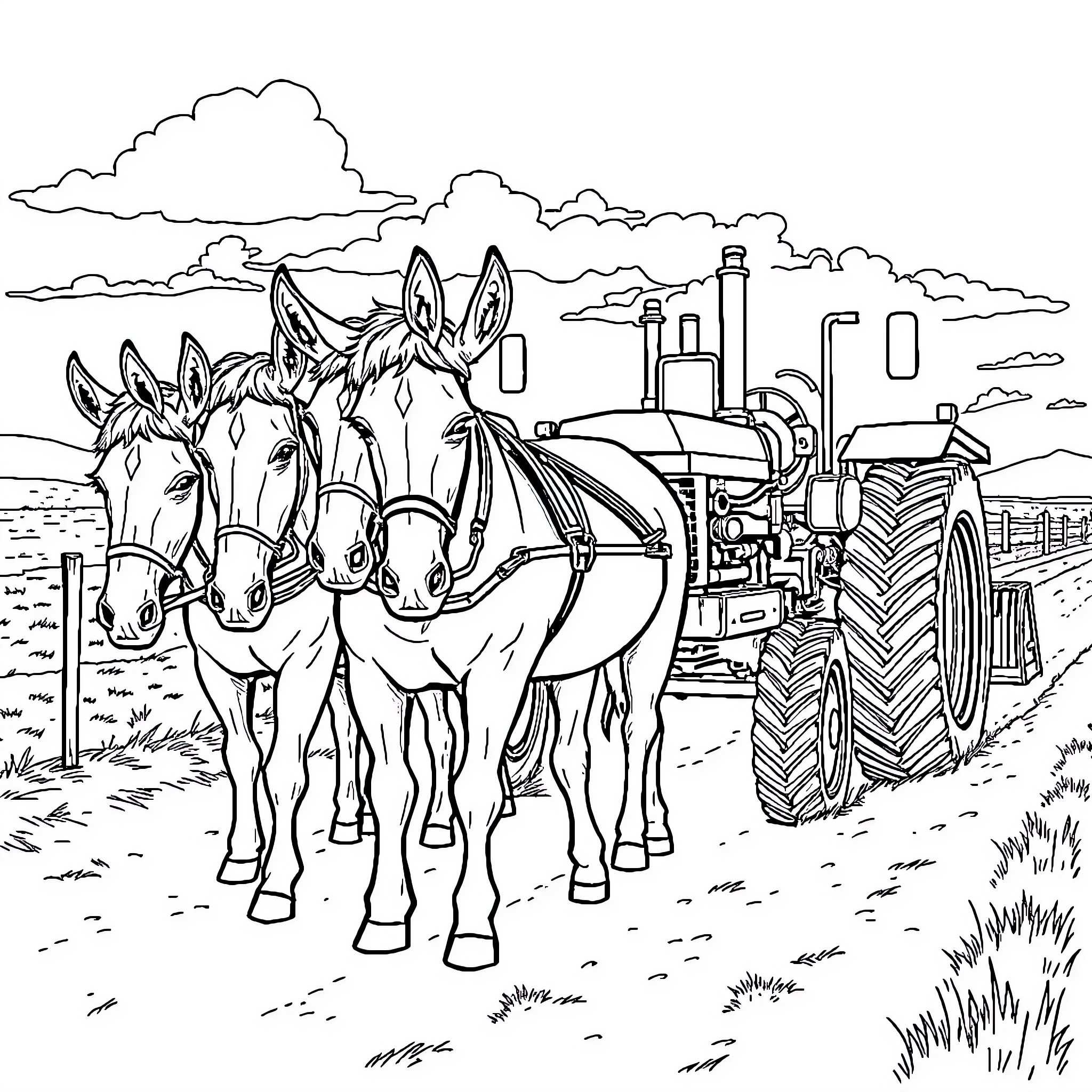 Tractor and Draft Horses in Countryside Landscape Coloring Page (free black-and-white line drawing printable PDF for all, from beginners to advanced learners, including children, teens, adults, and seniors)