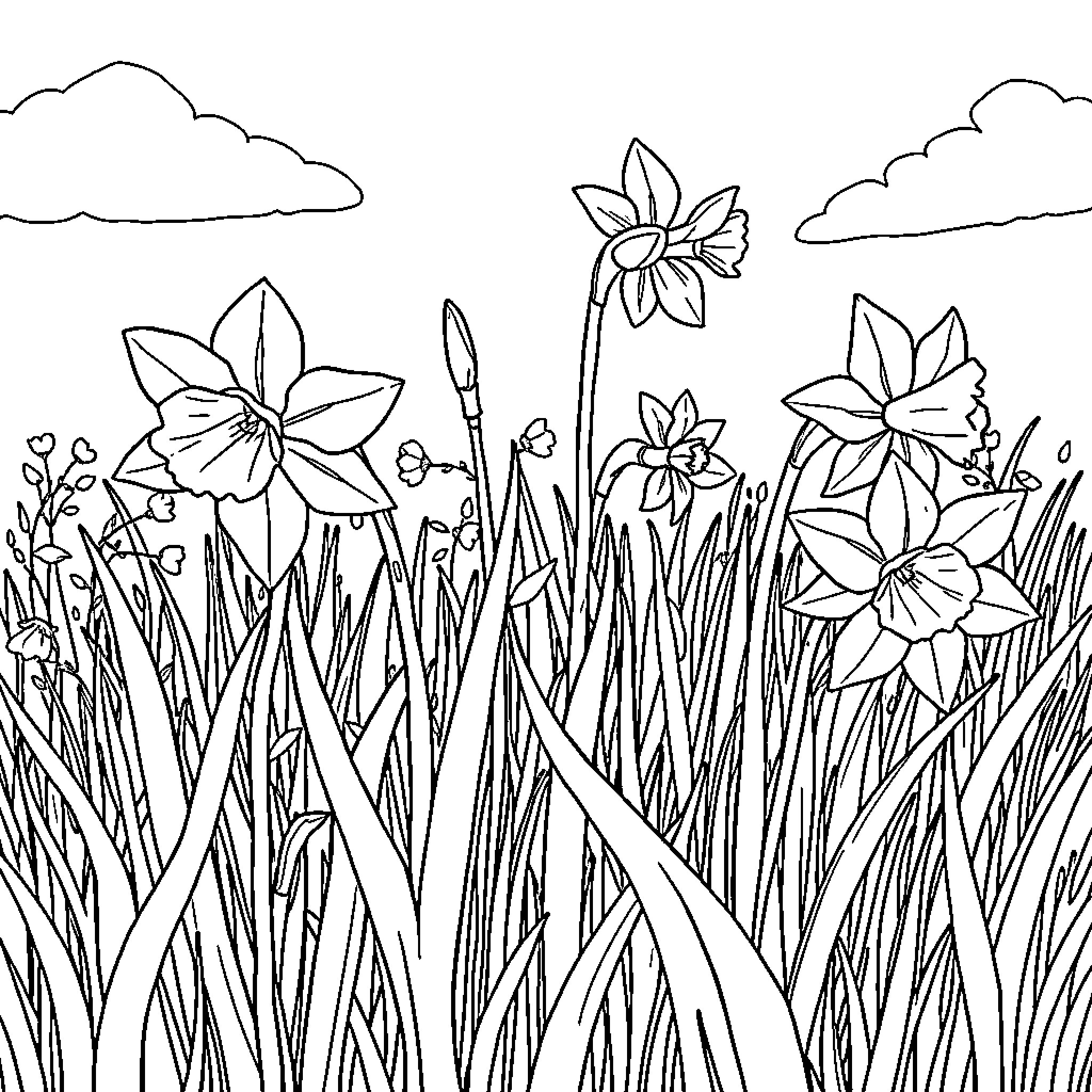 Daffodil flowers blooming in a field Coloring Page (free black-and-white line drawing printable PDF for all, from beginners to advanced learners, including children, teens, adults, and seniors)