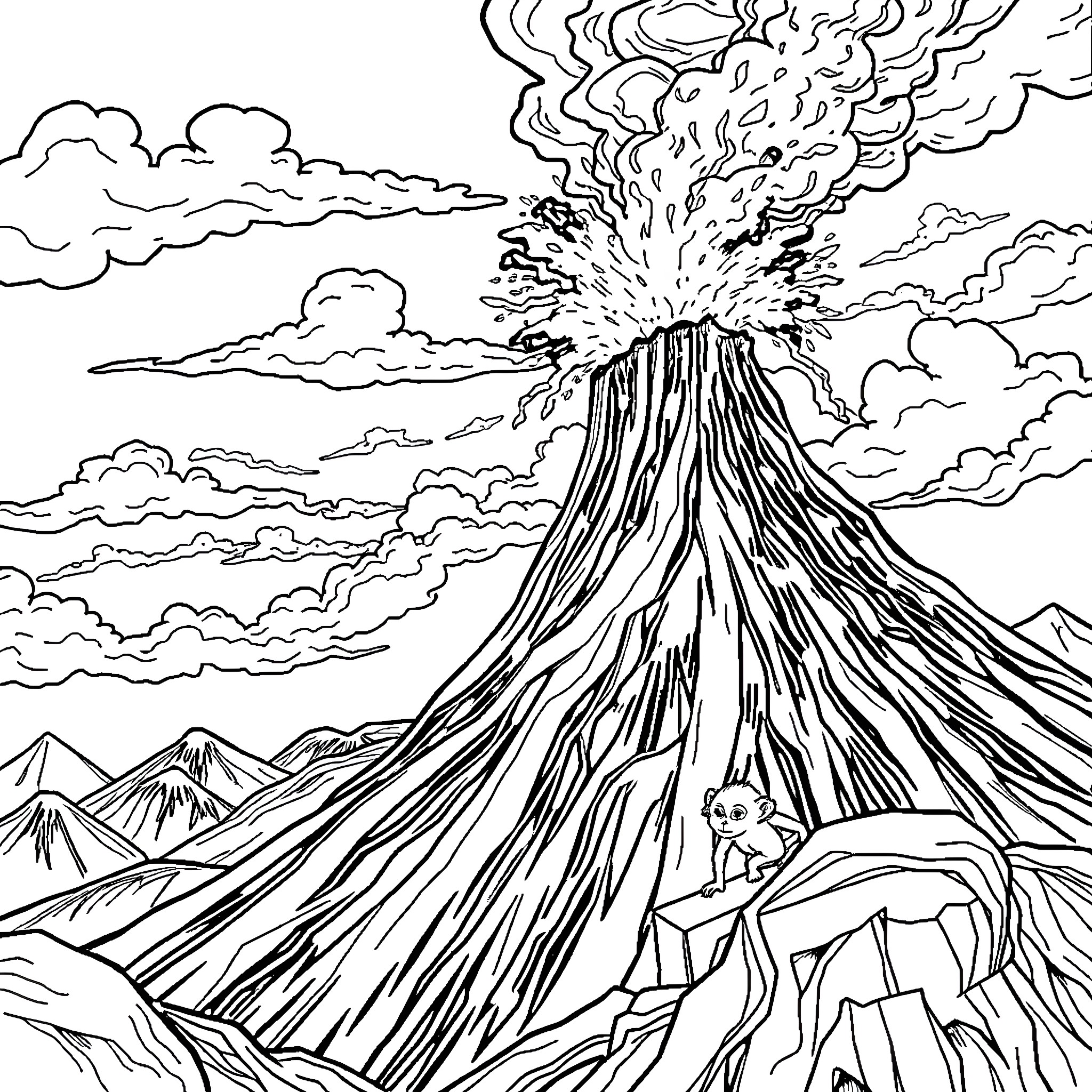 Volcano erupting with dramatic clouds and landscapes Coloring Page (free black-and-white line drawing printable PDF for all, from beginners to advanced learners, including children, teens, adults, and seniors)