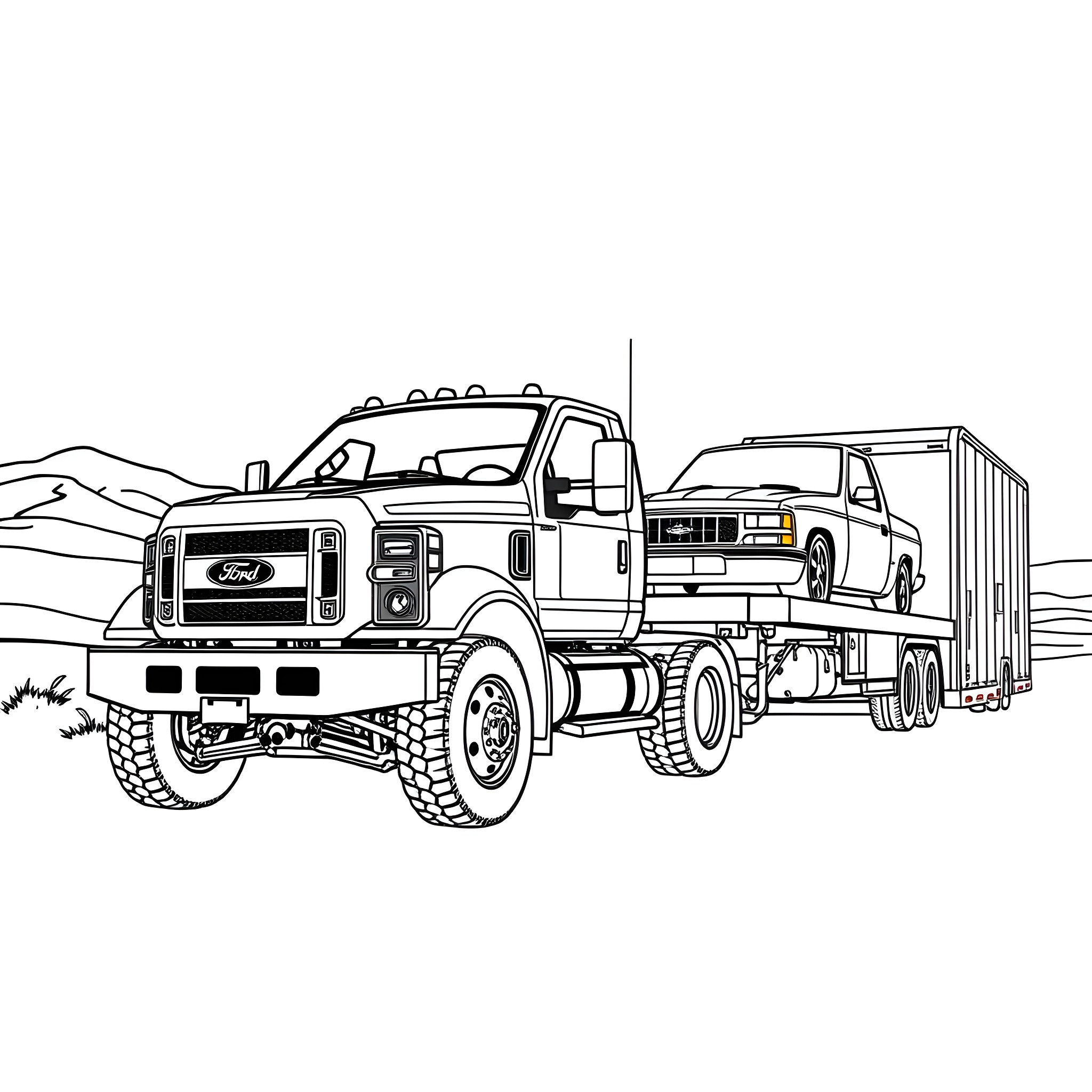 Ford Truck transporting a cargo trailer through the countryside Coloring Page (free black-and-white line drawing printable PDF for all, from beginners to advanced learners, including children, teens, adults, and seniors)