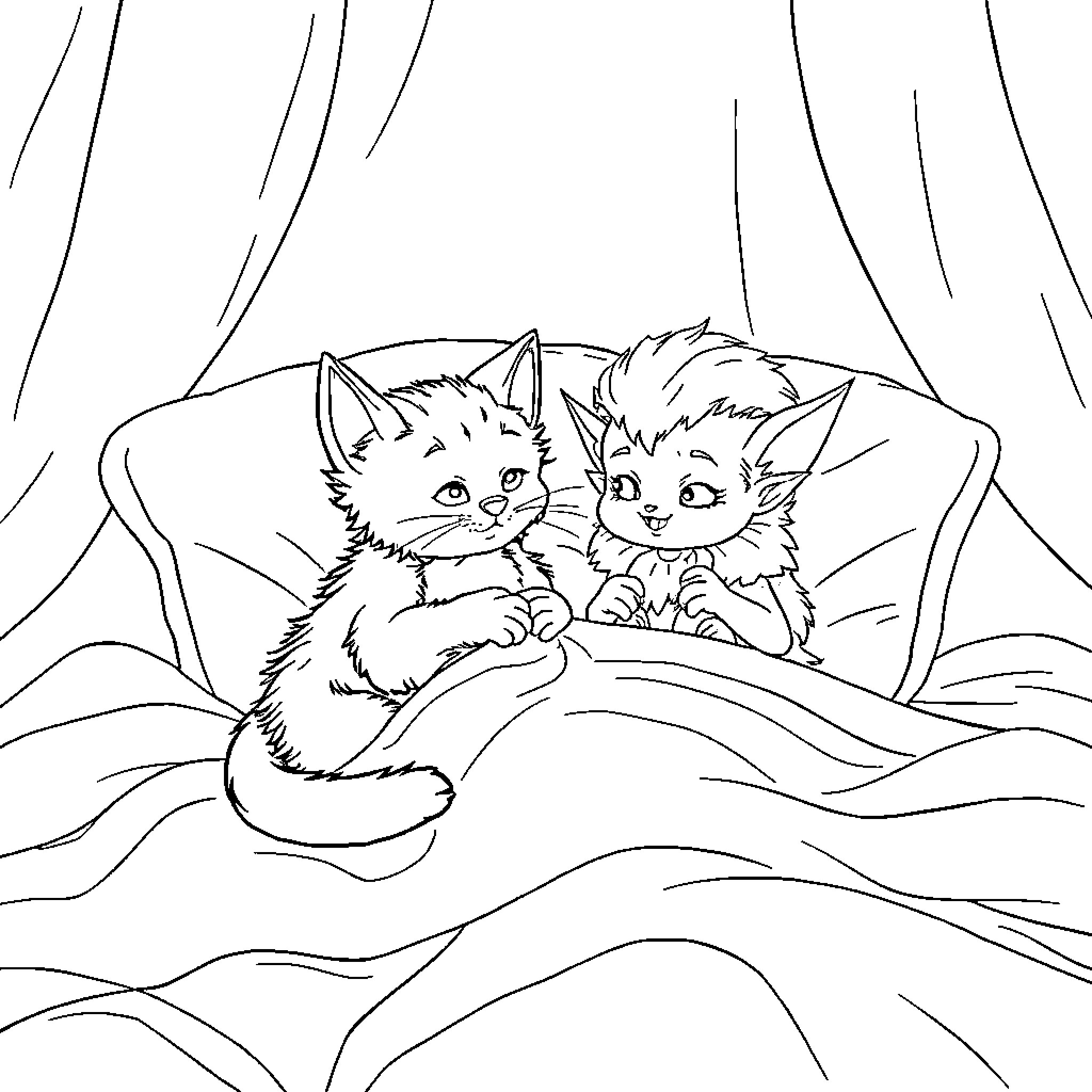 Cats cuddling together on the bed Coloring Page (free black-and-white line drawing printable PDF for all, from beginners to advanced learners, including children, teens, adults, and seniors)