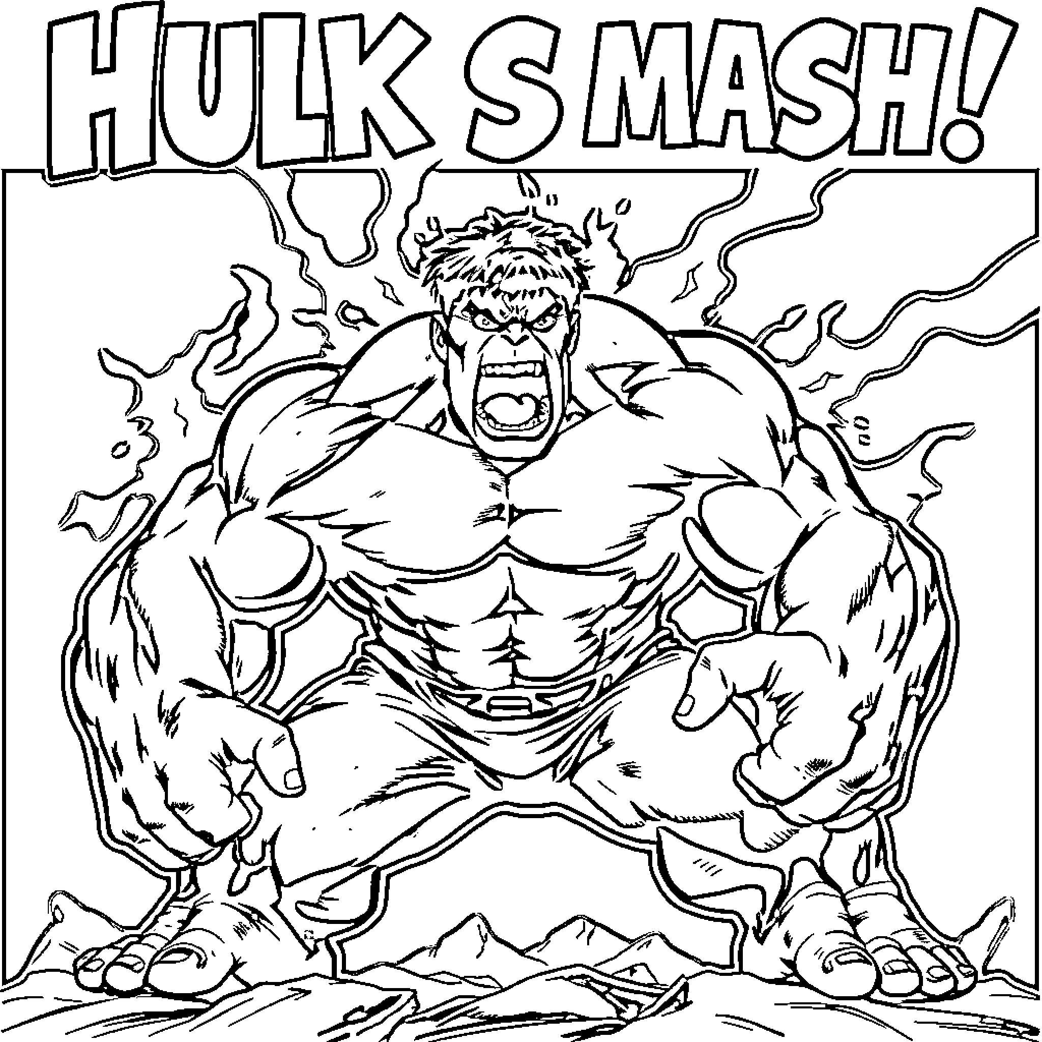 Hulk Smash! Powerful Hulk Destroying Surroundings Coloring Page (free black-and-white line drawing printable PDF for all, from beginners to advanced learners, including children, teens, adults, and seniors)