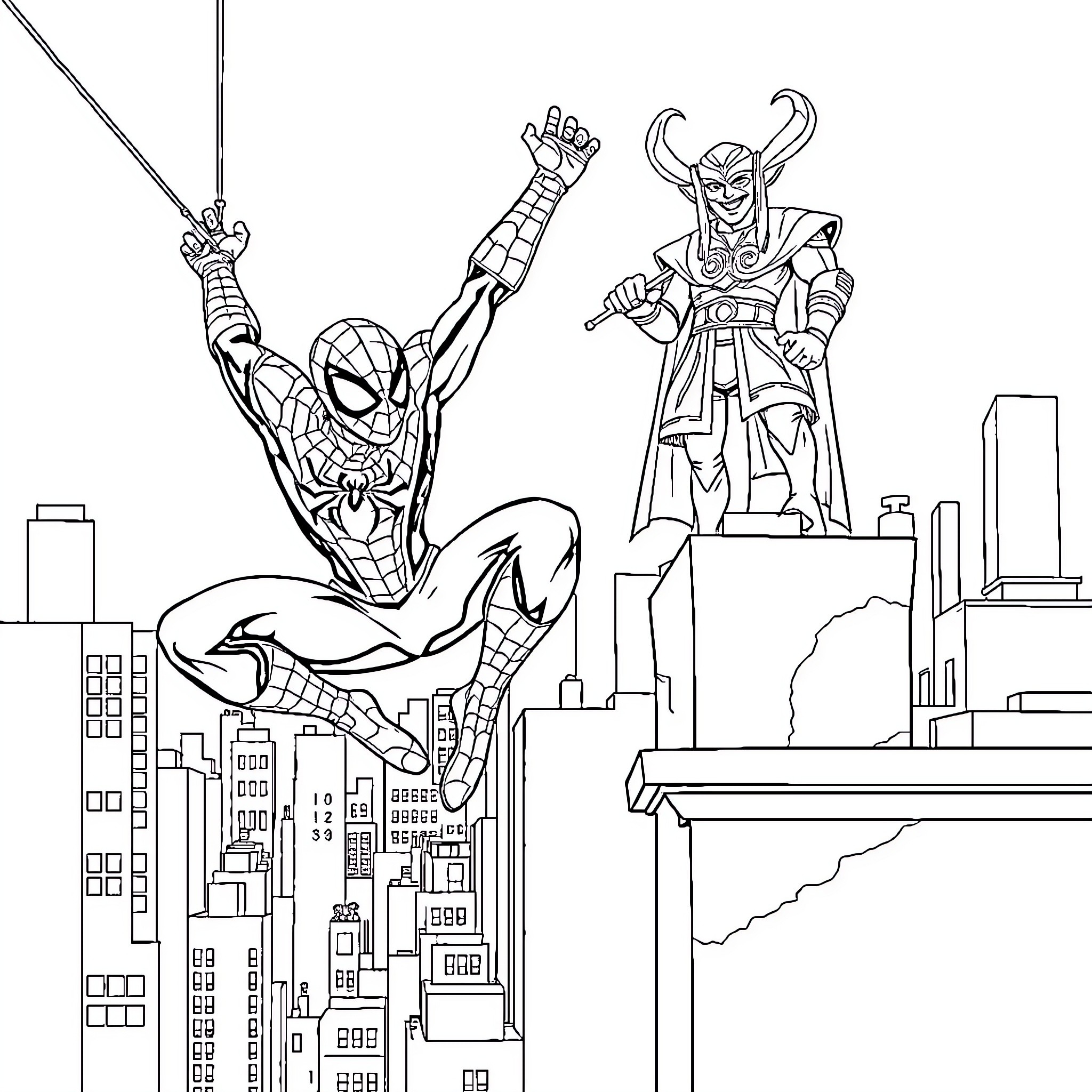 Spiderman battles villain atop city skyline Coloring Page (free black-and-white line drawing printable PDF for all, from beginners to advanced learners, including children, teens, adults, and seniors)