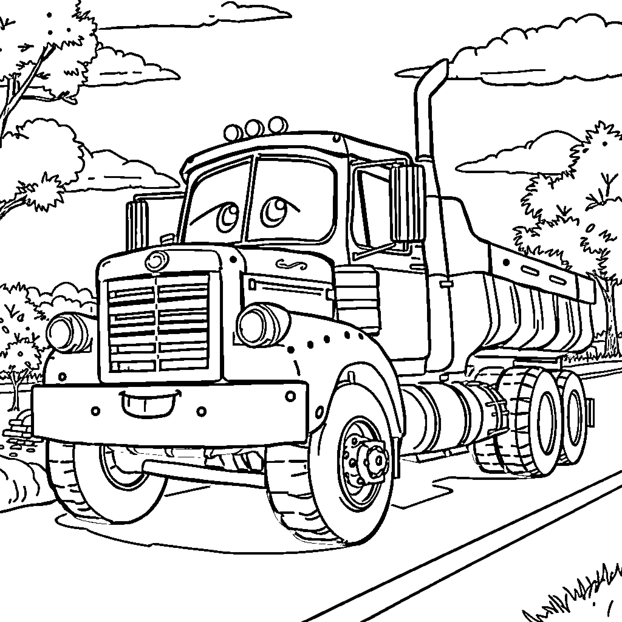 Mater the Truck's Joyful Journey on the Road Coloring Page (free black-and-white line drawing printable PDF for all, from beginners to advanced learners, including children, teens, adults, and seniors)