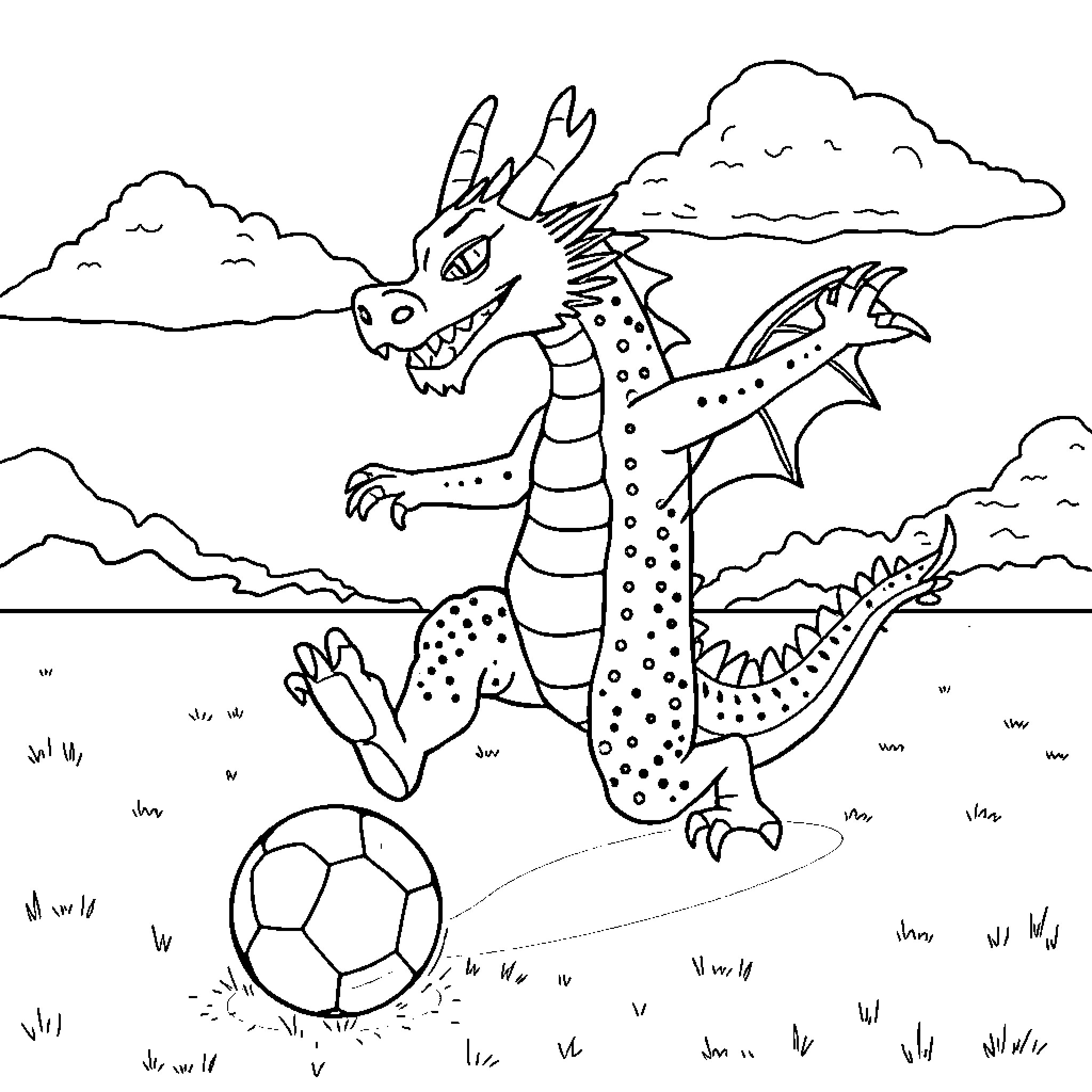 Dragon Playing with a Soccer Ball Coloring Page (free black-and-white line drawing printable PDF for all, from beginners to advanced learners, including children, teens, adults, and seniors)
