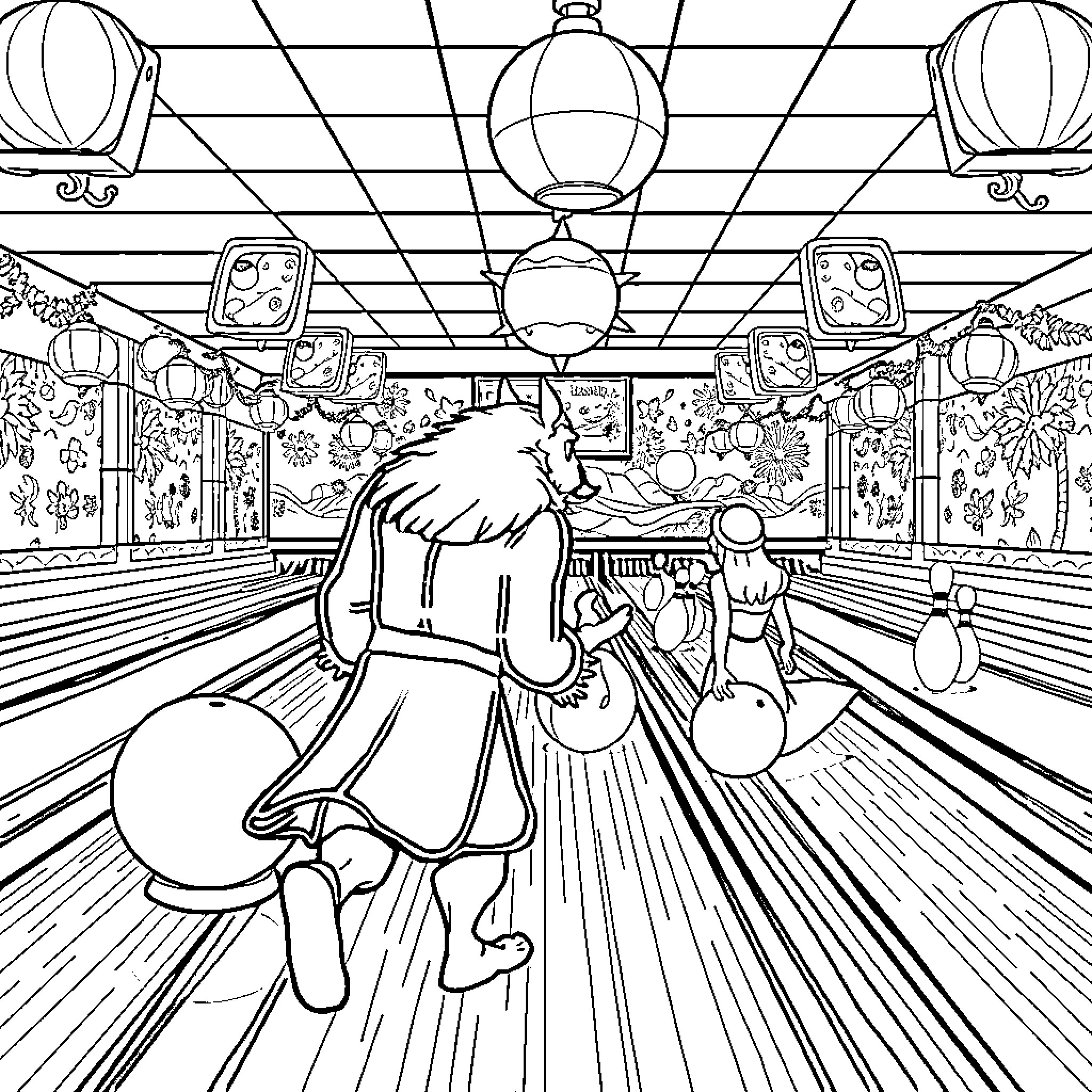 Beauty And The Beast Bowling Together Joyfully Coloring Page (free black-and-white line drawing printable PDF for all, from beginners to advanced learners, including children, teens, adults, and seniors)