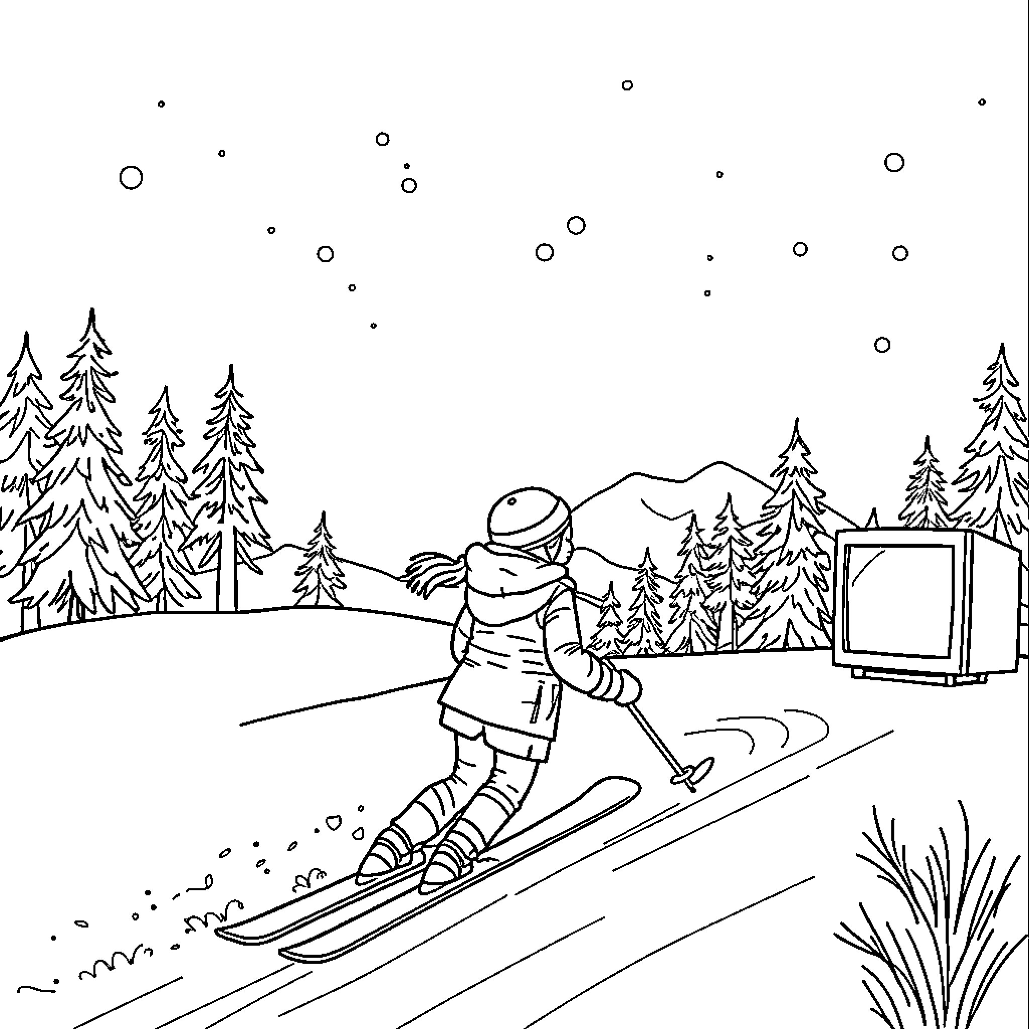 Girl enjoying a snowy skiing adventure Coloring Page (free black-and-white line drawing printable PDF for all, from beginners to advanced learners, including children, teens, adults, and seniors)