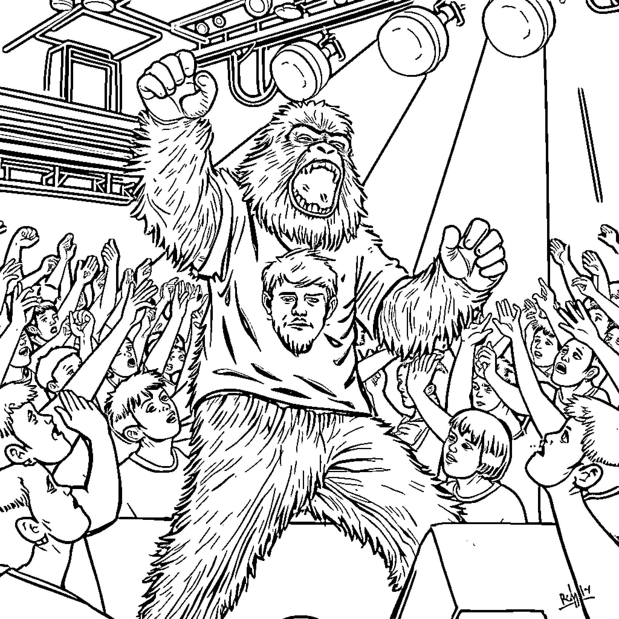 Sasquatch performing on stage with adoring crowd Coloring Page (free black-and-white line drawing printable PDF for all, from beginners to advanced learners, including children, teens, adults, and seniors)