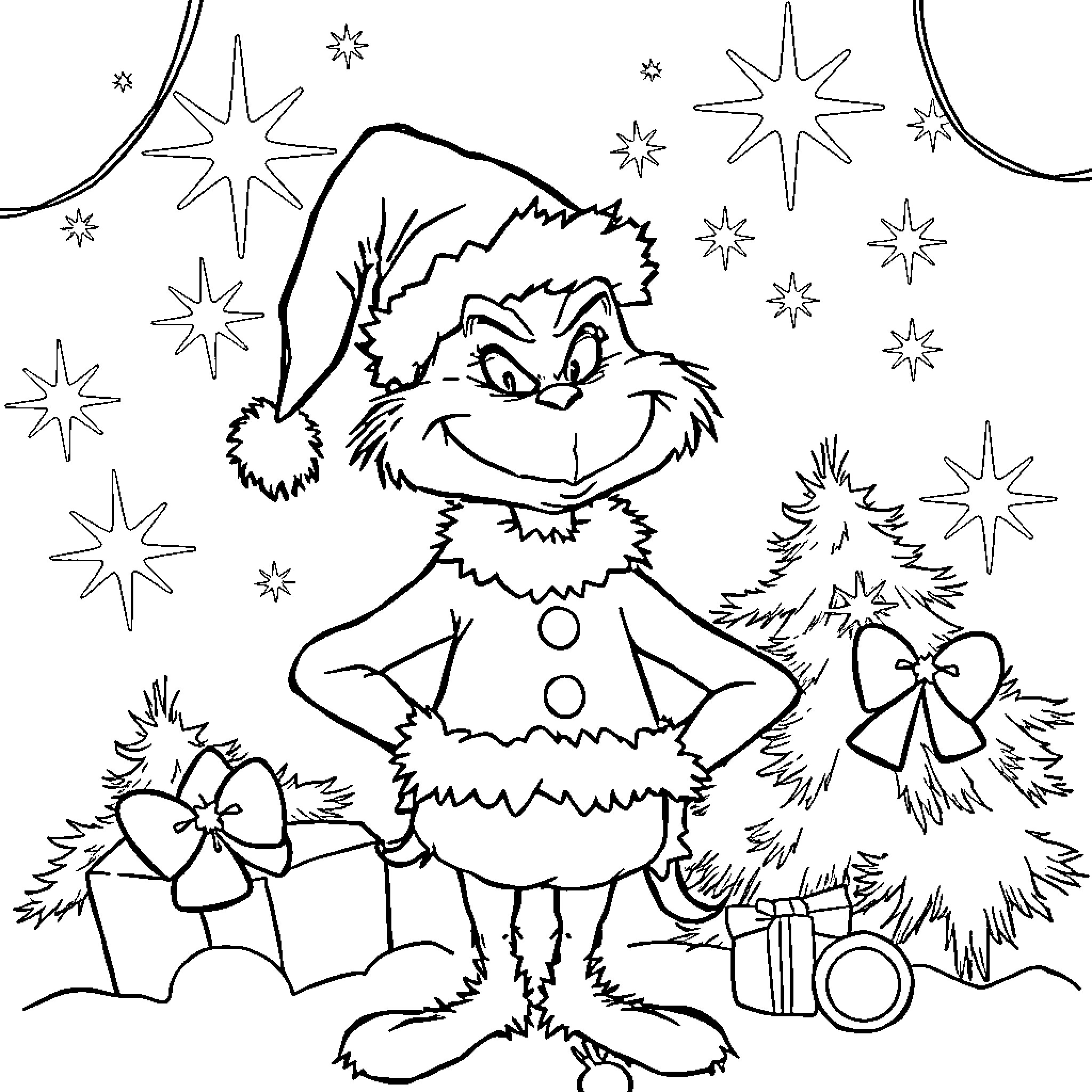 Grinch Preparing for Christmas Celebration Coloring Page (free black-and-white line drawing printable PDF for all, from beginners to advanced learners, including children, teens, adults, and seniors)