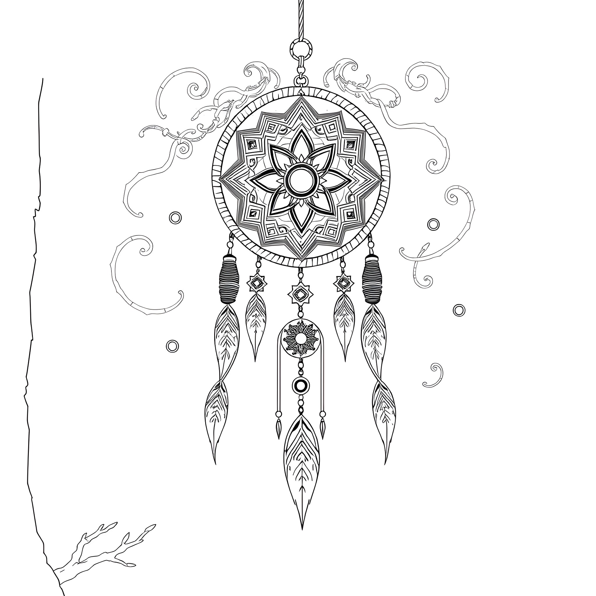 Great Spirit's Mandala Dream Catcher Coloring Page (free black-and-white line drawing printable PDF for all, from beginners to advanced learners, including children, teens, adults, and seniors)