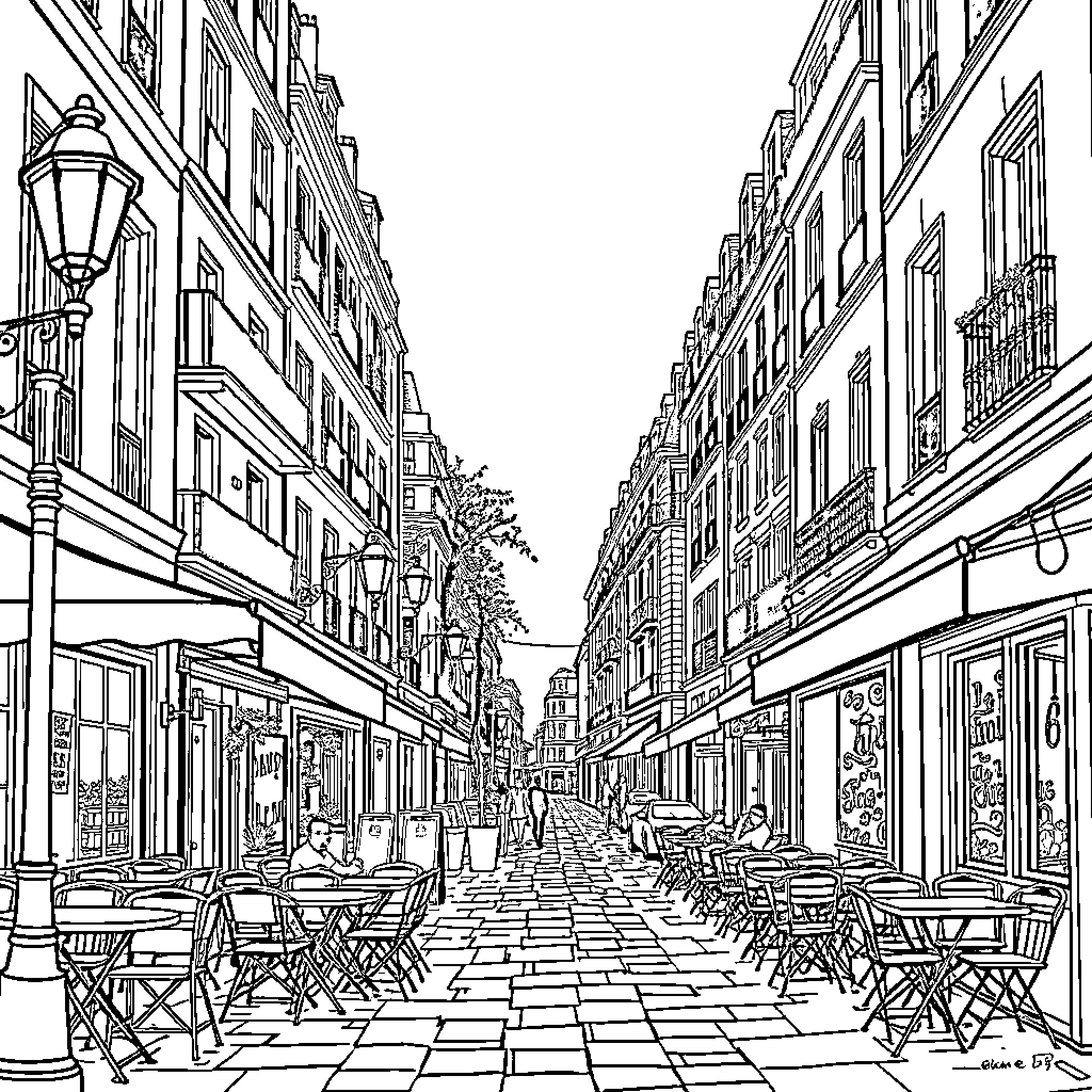 Street Scene with Outdoor Cafes and Pedestrians Coloring Page (free black-and-white line drawing printable PDF for all, from beginners to advanced learners, including children, teens, adults, and seniors)