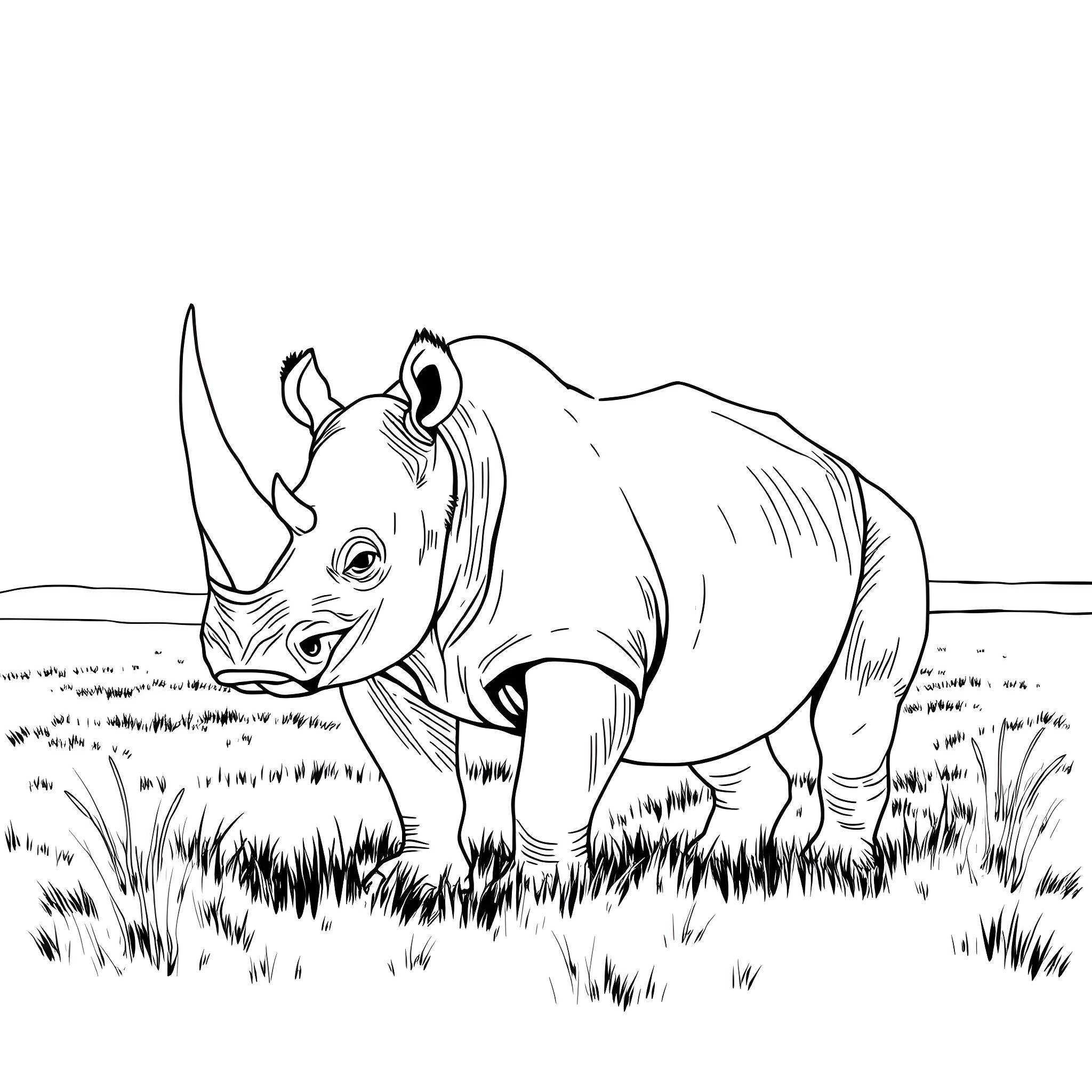 Rhinoceros standing in the wild grassland Coloring Page (free black-and-white line drawing printable PDF for all, from beginners to advanced learners, including children, teens, adults, and seniors)