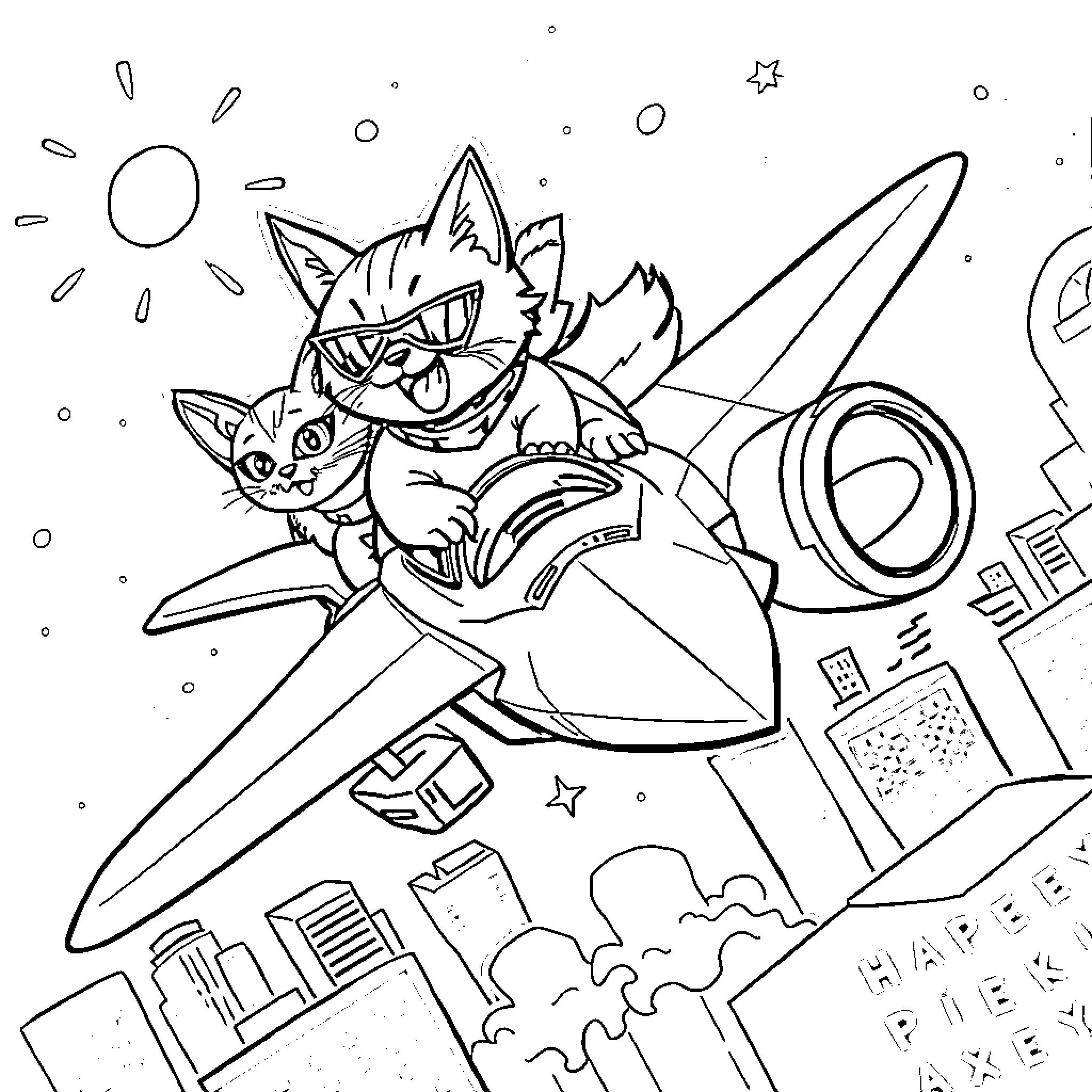 Swat Cat riding a futuristic spacecraft through space Coloring Page (free black-and-white line drawing printable PDF for all, from beginners to advanced learners, including children, teens, adults, and seniors)