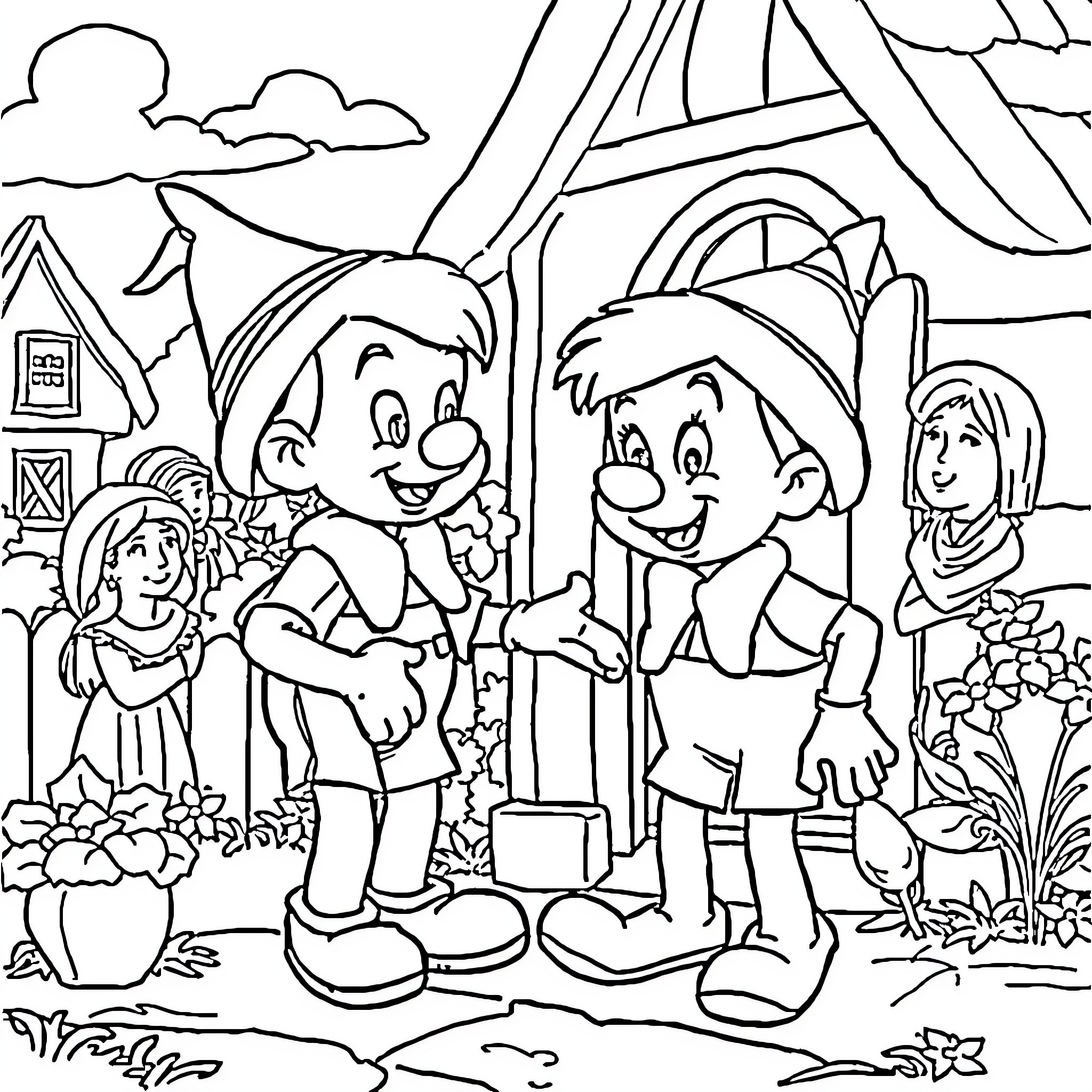 Pinocchio and his friends explore the enchanted garden Coloring Page (free black-and-white line drawing printable PDF for all, from beginners to advanced learners, including children, teens, adults, and seniors)