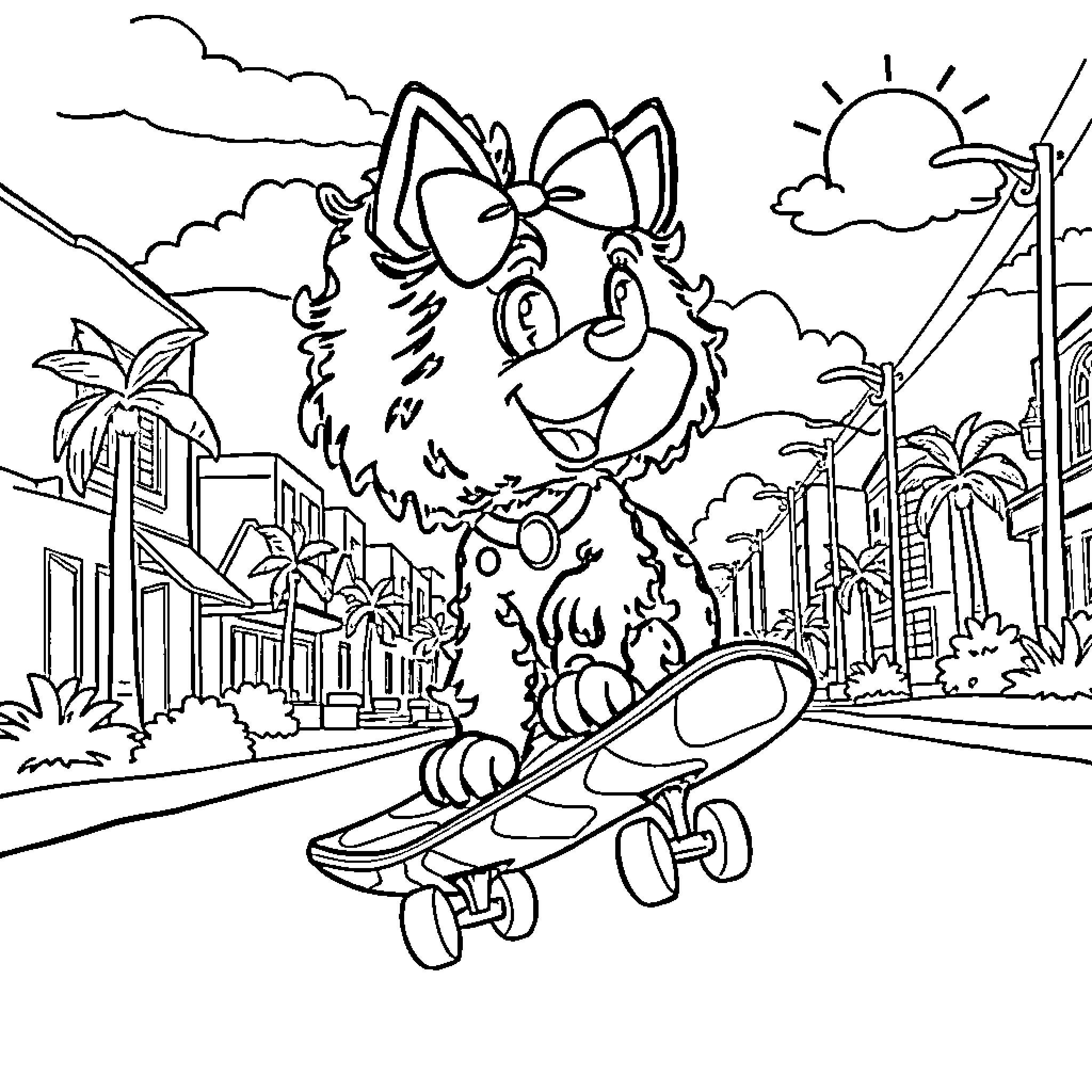 Dipsie skateboarding through a tropical town Coloring Page (free black-and-white line drawing printable PDF for all, from beginners to advanced learners, including children, teens, adults, and seniors)