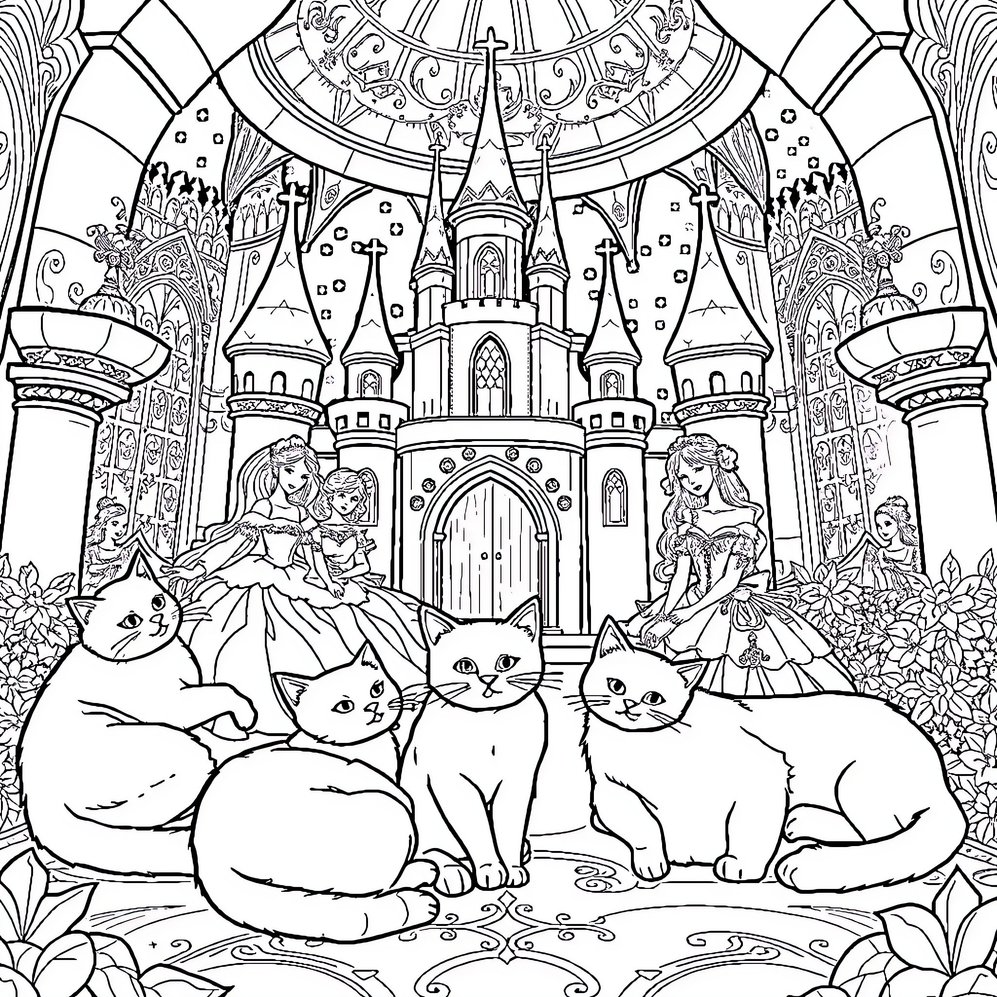 Cats in a Magical Castle Landscape Coloring Page (free black-and-white line drawing printable PDF for all, from beginners to advanced learners, including children, teens, adults, and seniors)