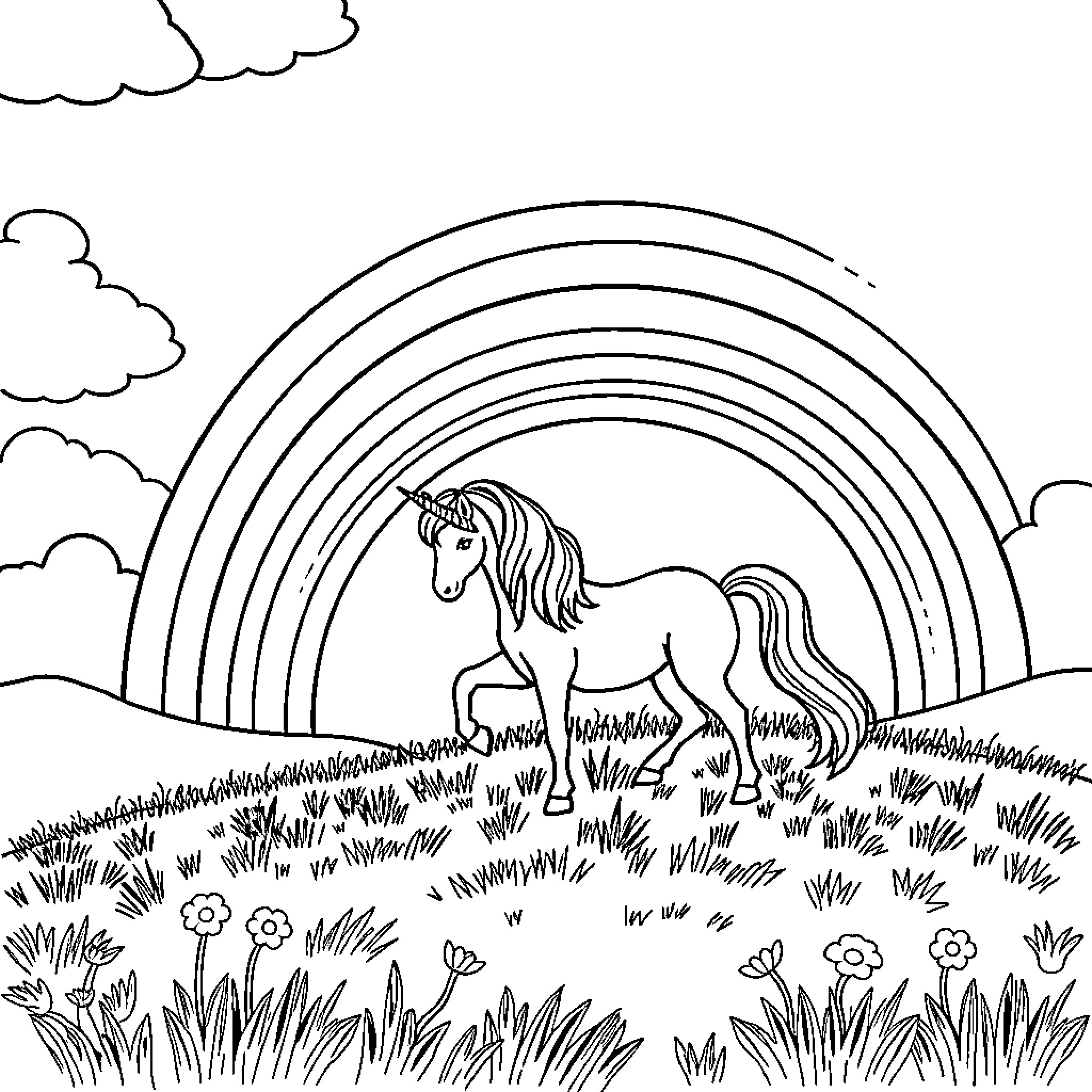 Rainbow Unicorn in a Magical Meadow Coloring Page (free black-and-white line drawing printable PDF for all, from beginners to advanced learners, including children, teens, adults, and seniors)