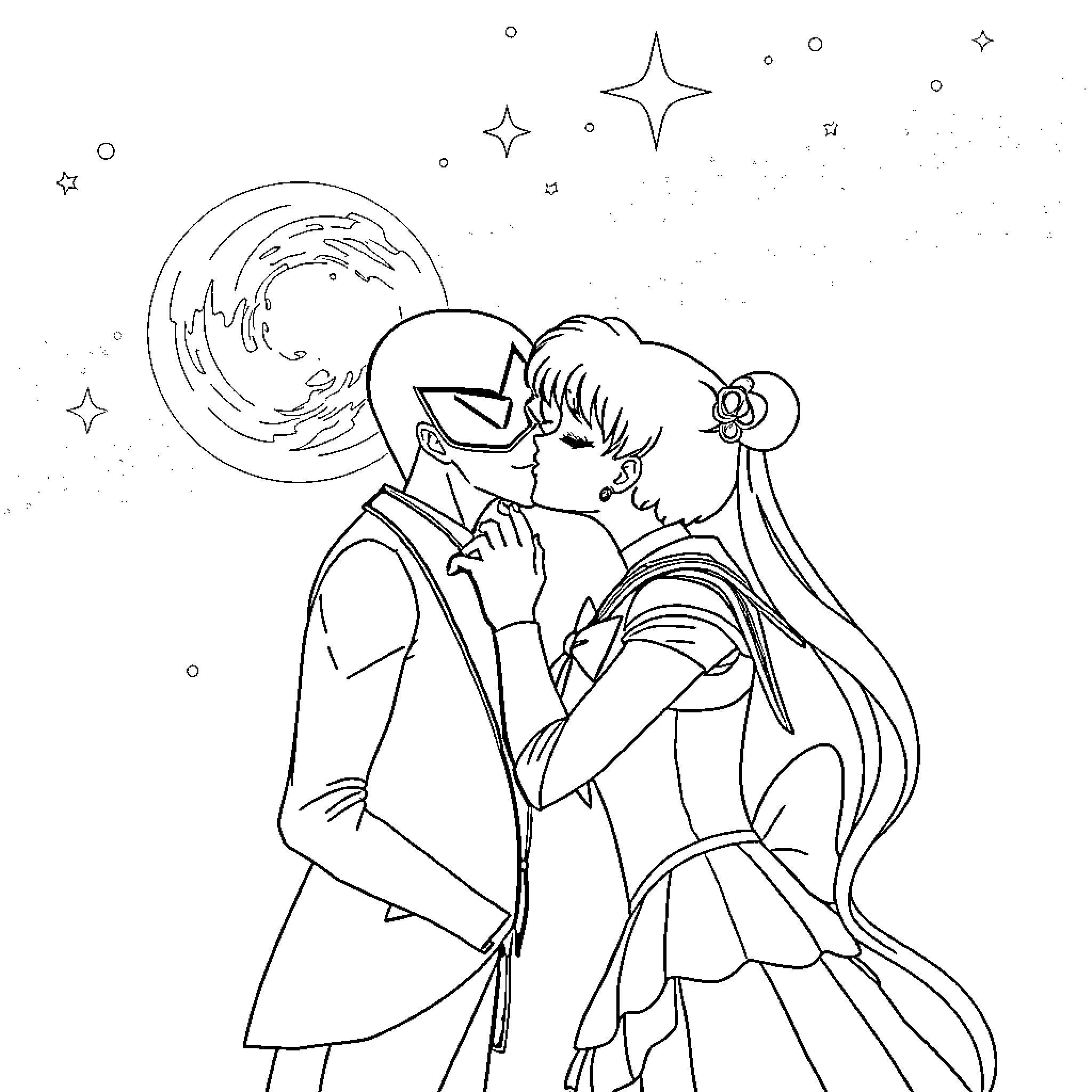 Sailor Moon couple gazing at the starry night sky Coloring Page (free black-and-white line drawing printable PDF for all, from beginners to advanced learners, including children, teens, adults, and seniors)