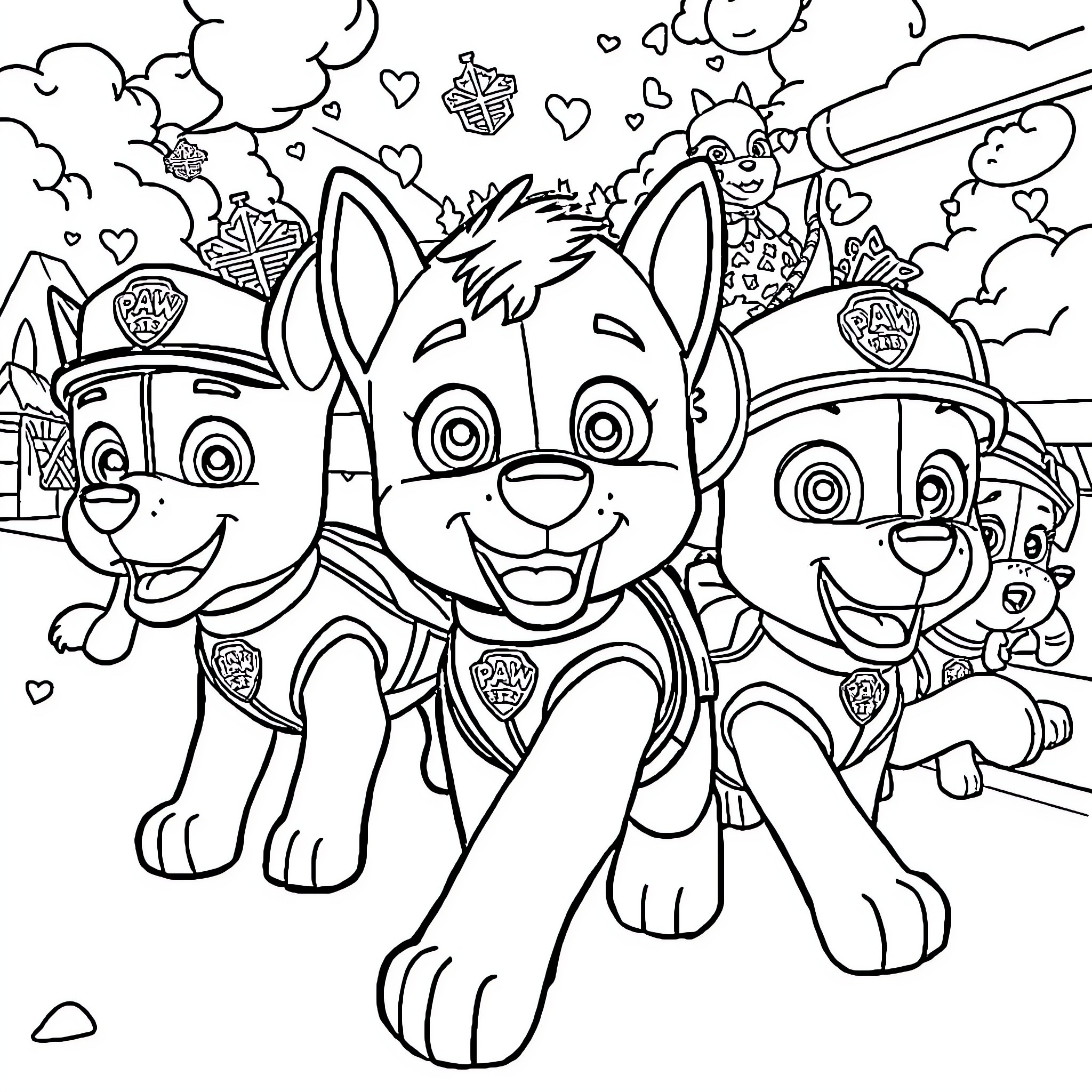 Paw Patrol pups in action with hearts Coloring Page (free black-and-white line drawing printable PDF for all, from beginners to advanced learners, including children, teens, adults, and seniors)