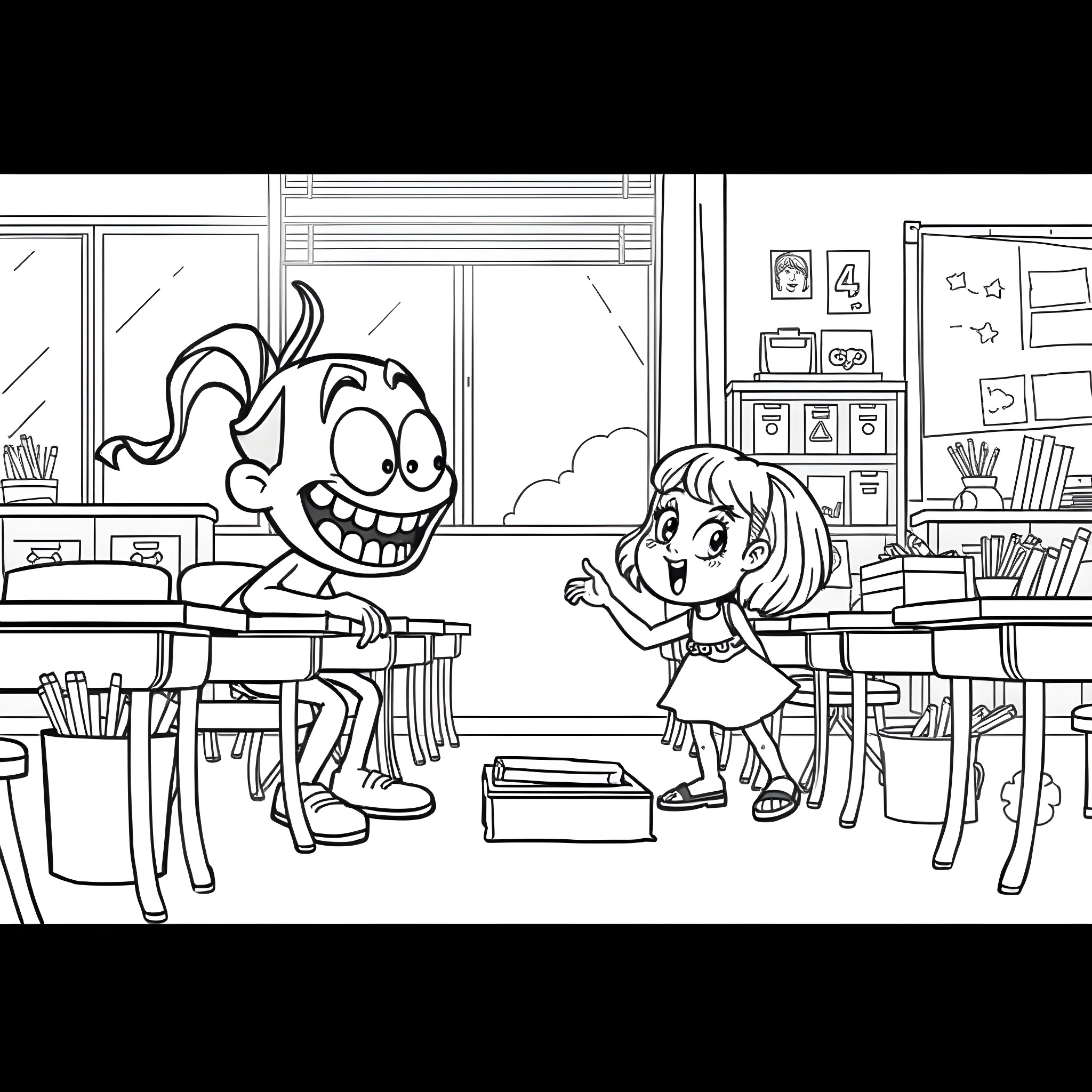 Disgust in the Classroom: Cartoon Characters' Conflicted Interactions Coloring Page (free black-and-white line drawing printable PDF for all, from beginners to advanced learners, including children, teens, adults, and seniors)