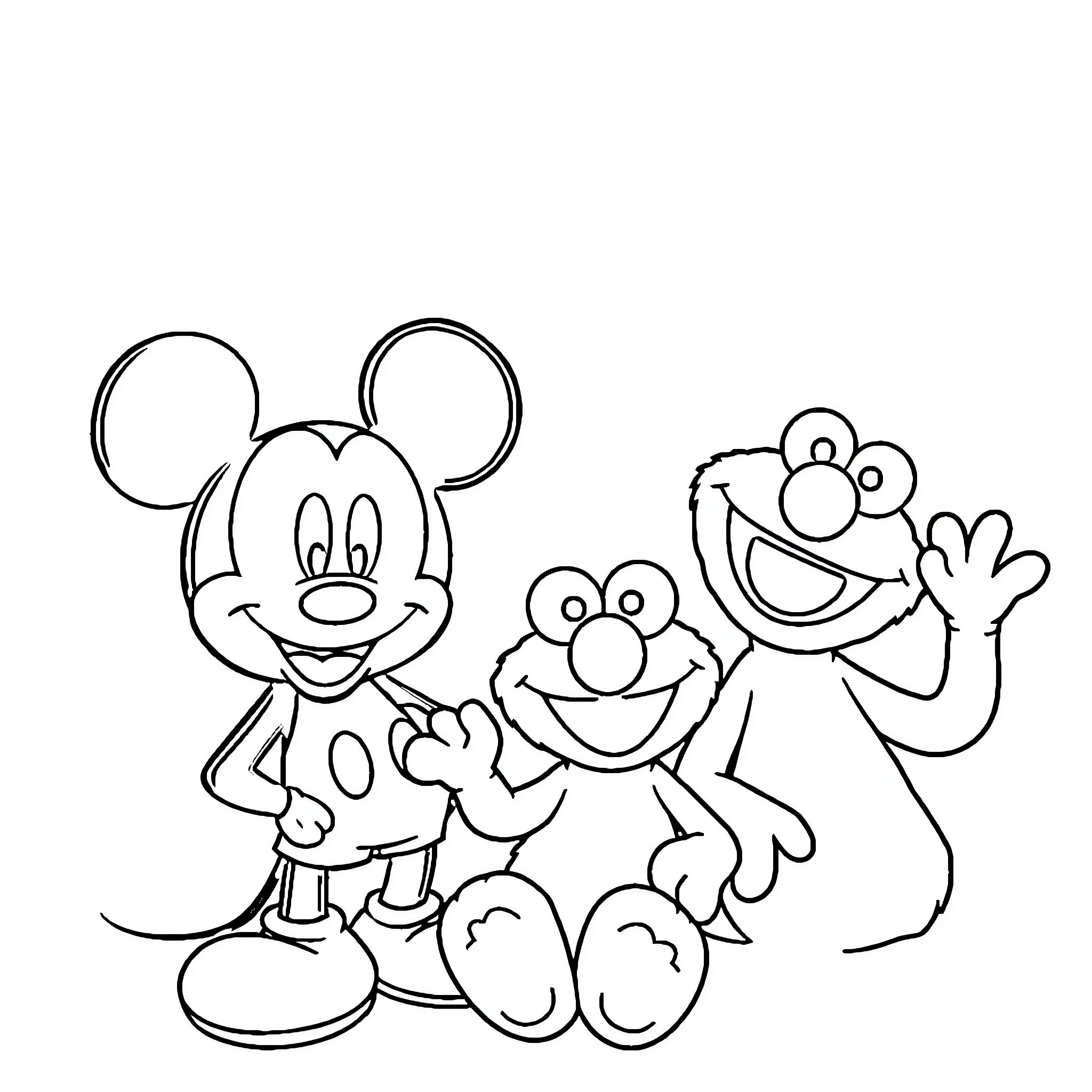 Mickey Mouse and friends in a playful pose Coloring Page (free black-and-white line drawing printable PDF for all, from beginners to advanced learners, including children, teens, adults, and seniors)