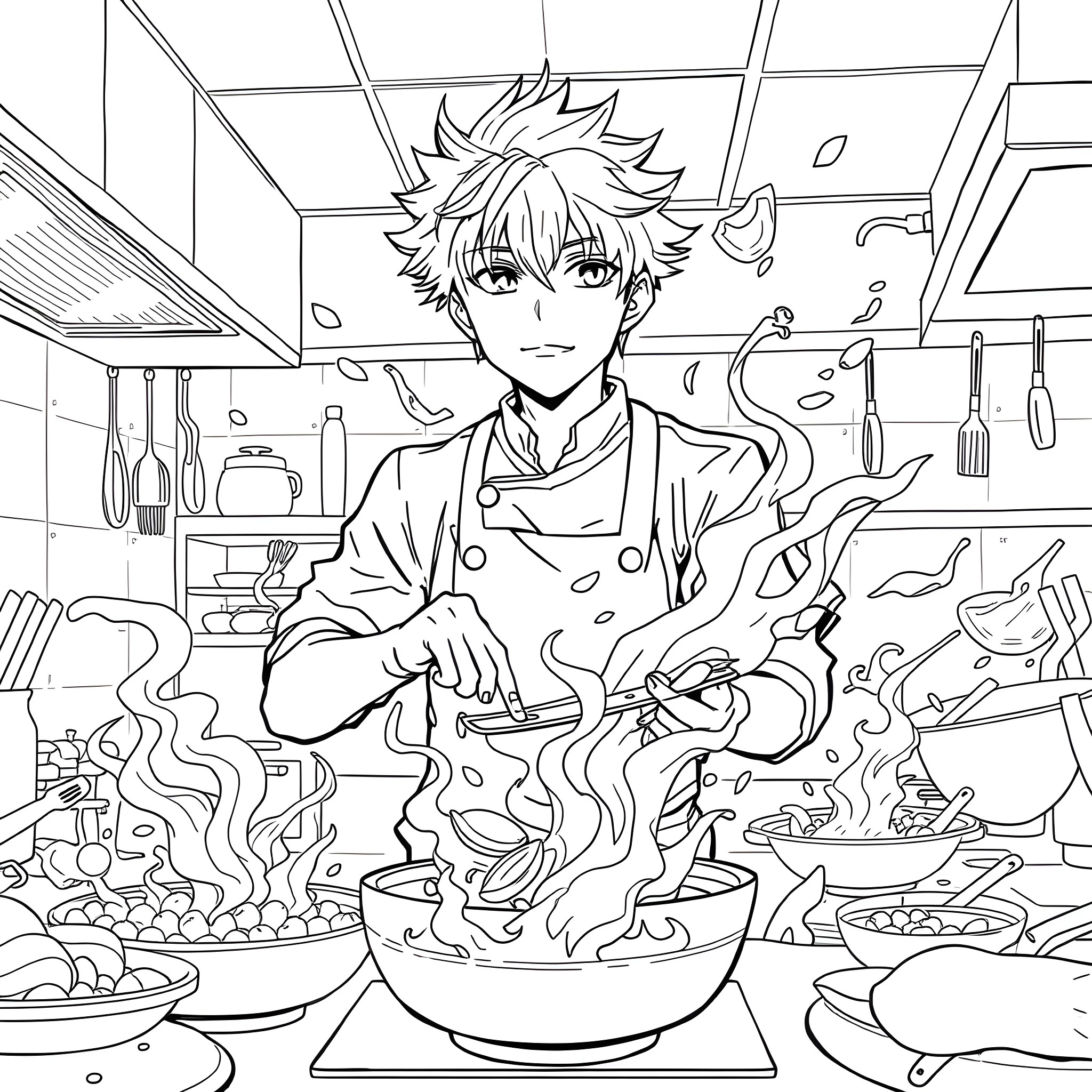 Katsuki Bakugo Cooking with Passion in the Kitchen Coloring Page (free black-and-white line drawing printable PDF for all, from beginners to advanced learners, including children, teens, adults, and seniors)