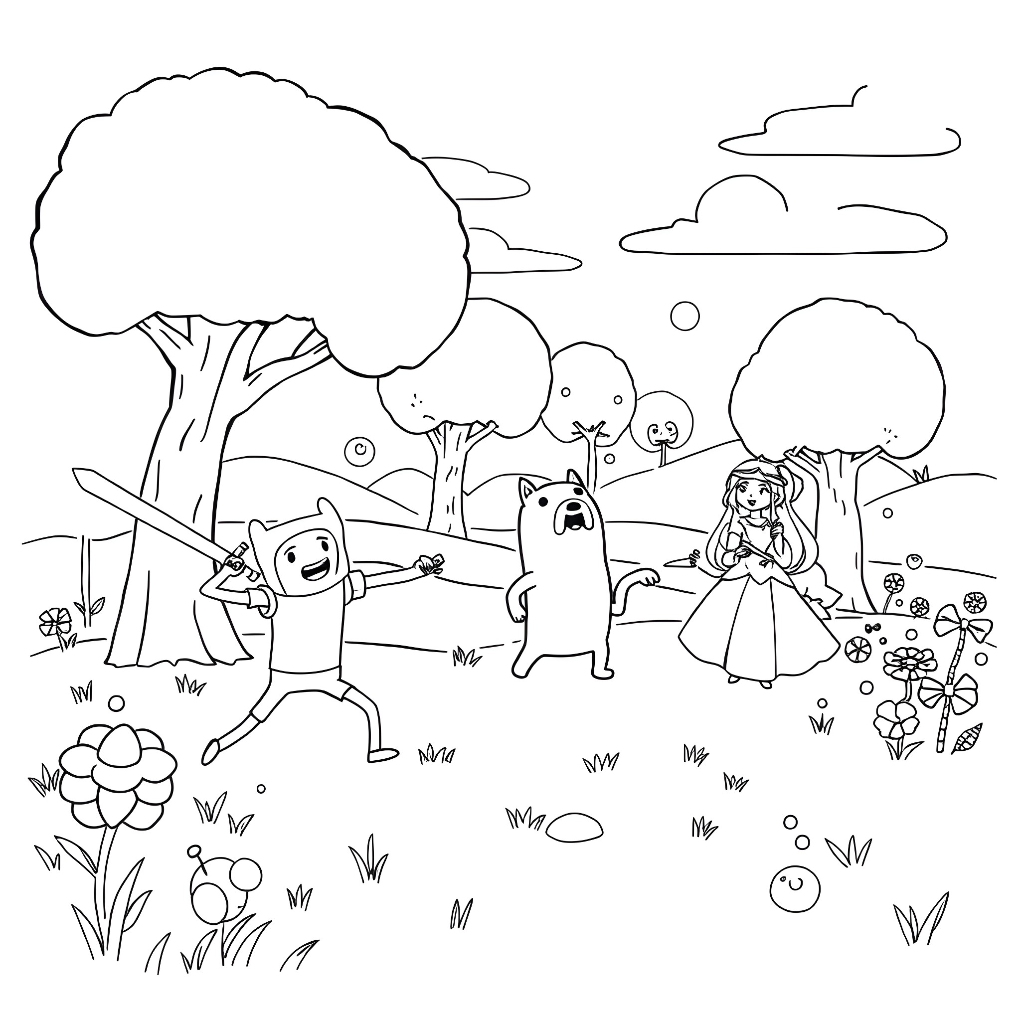 Adventure Time with Finn, Jake, and Princess Bubblegum in the forest Coloring Page (free black-and-white line drawing printable PDF for all, from beginners to advanced learners, including children, teens, adults, and seniors)