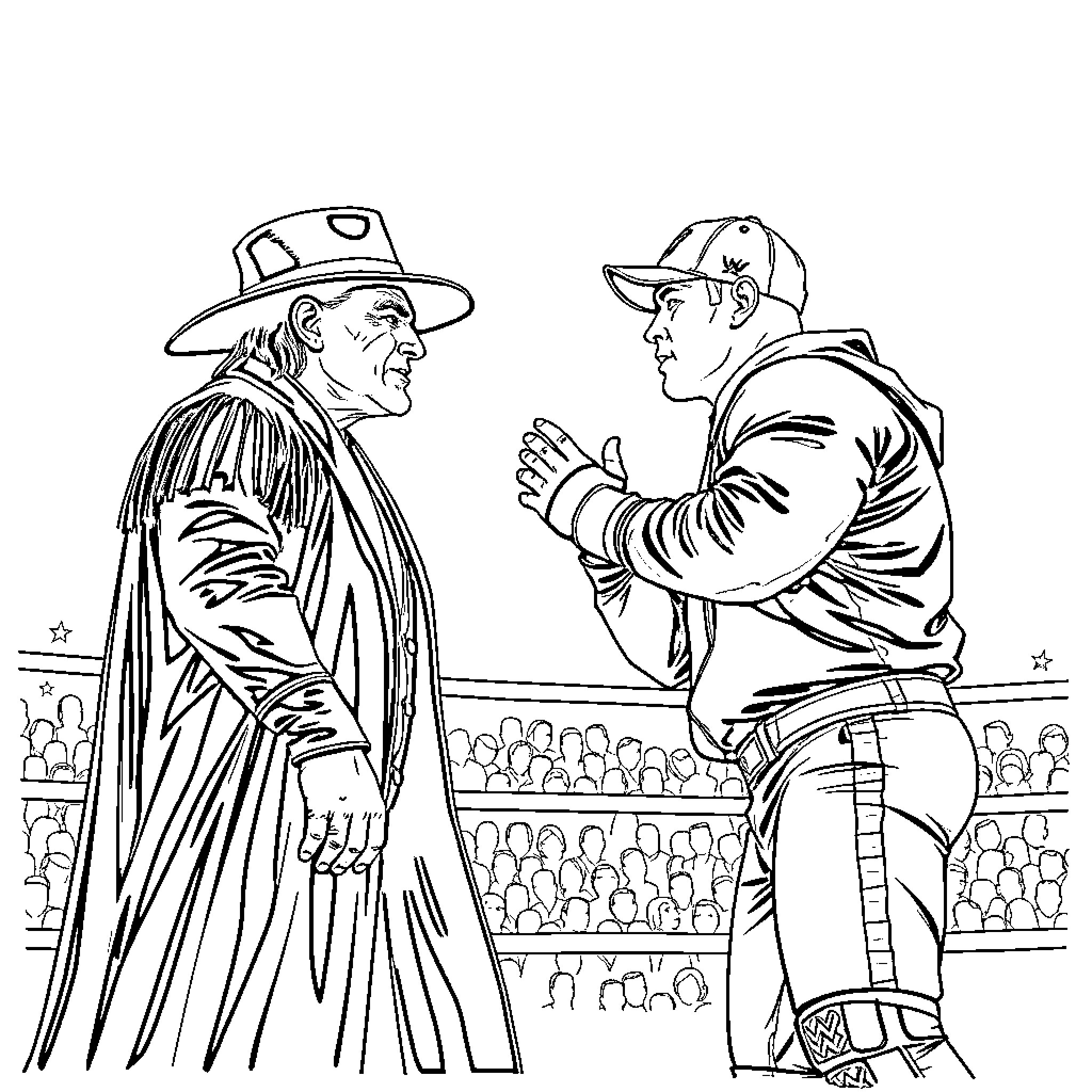 Wrestler opponents facing off in the ring Coloring Page (free black-and-white line drawing printable PDF for all, from beginners to advanced learners, including children, teens, adults, and seniors)