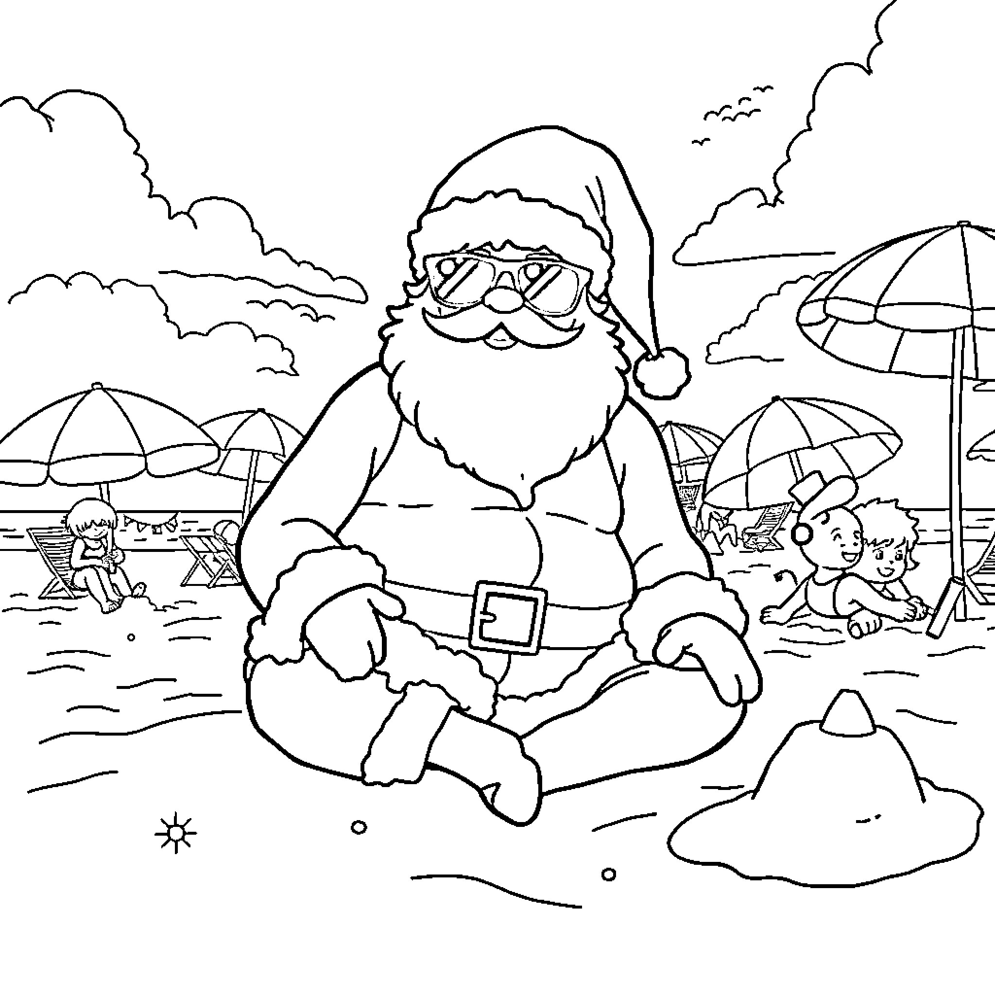Santa relaxing on the beach with umbrellas Coloring Page (free black-and-white line drawing printable PDF for all, from beginners to advanced learners, including children, teens, adults, and seniors)