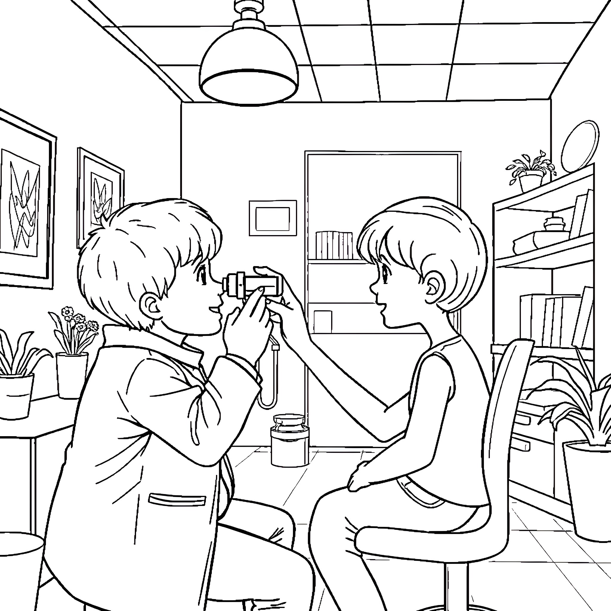 Ophthalmologist examining patient in exam room Coloring Page (free black-and-white line drawing printable PDF for all, from beginners to advanced learners, including children, teens, adults, and seniors)