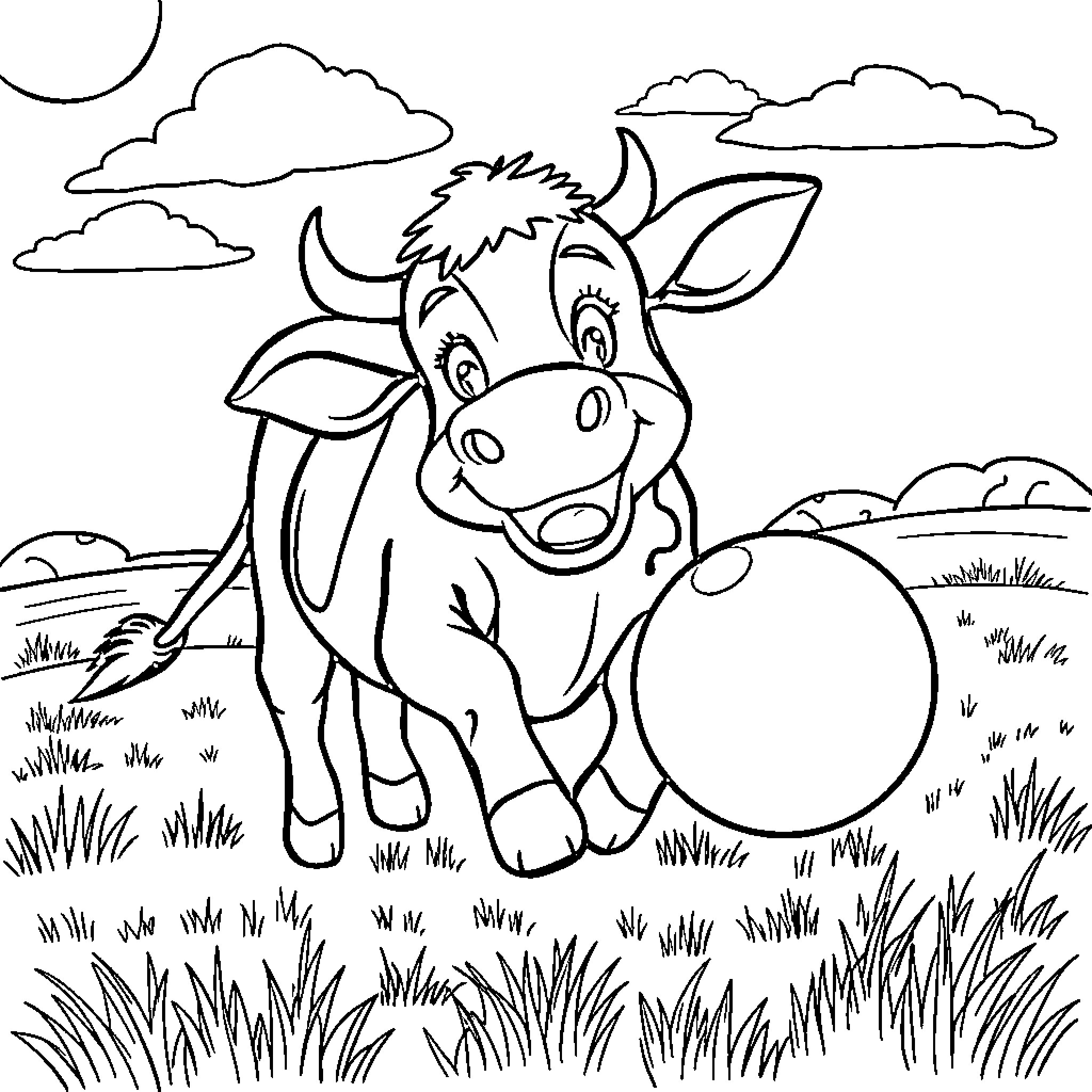 Cow playing happily in a grassy field Coloring Page (free black-and-white line drawing printable PDF for all, from beginners to advanced learners, including children, teens, adults, and seniors)