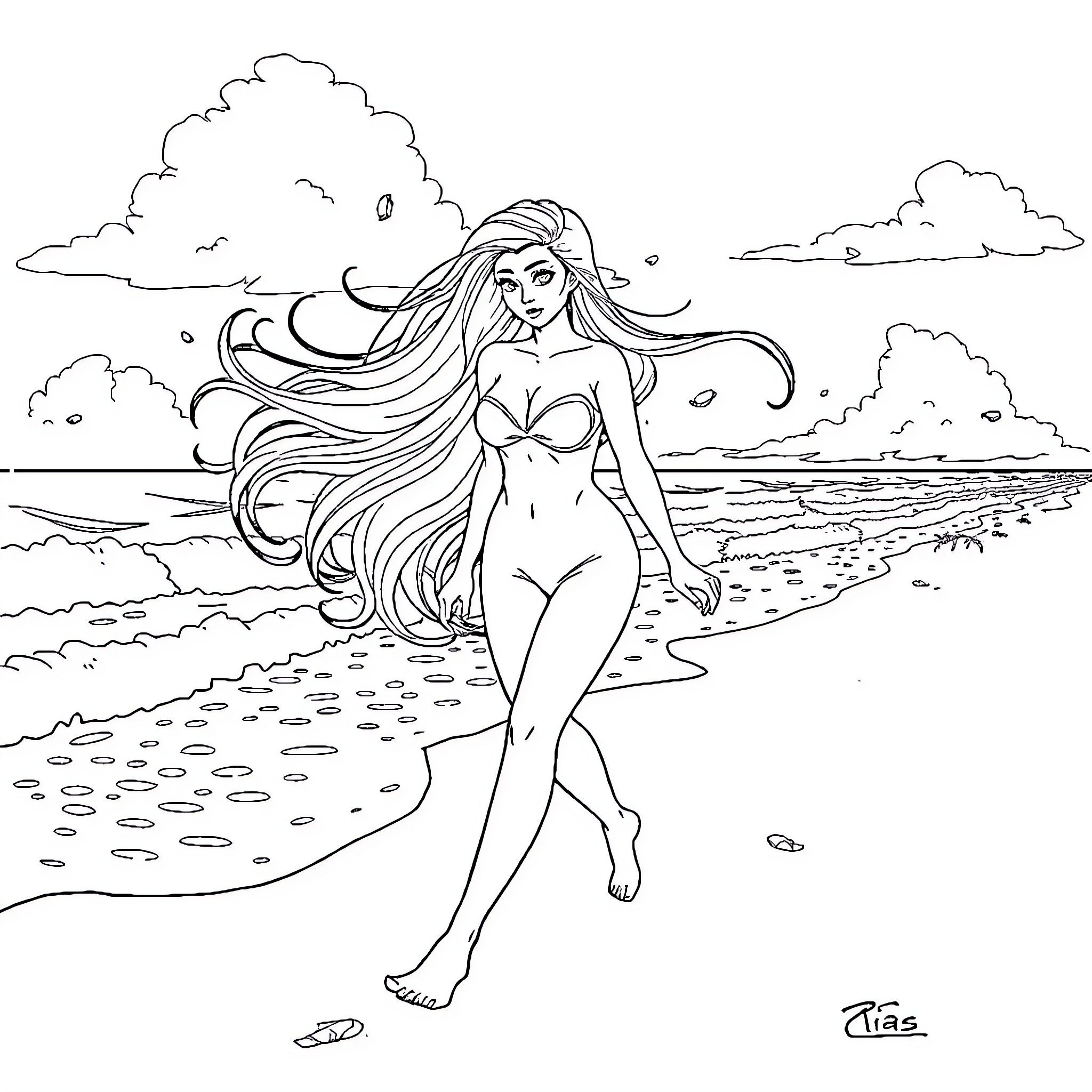 Rias Gremory enjoying a peaceful stroll on the beach Coloring Page (free black-and-white line drawing printable PDF for all, from beginners to advanced learners, including children, teens, adults, and seniors)