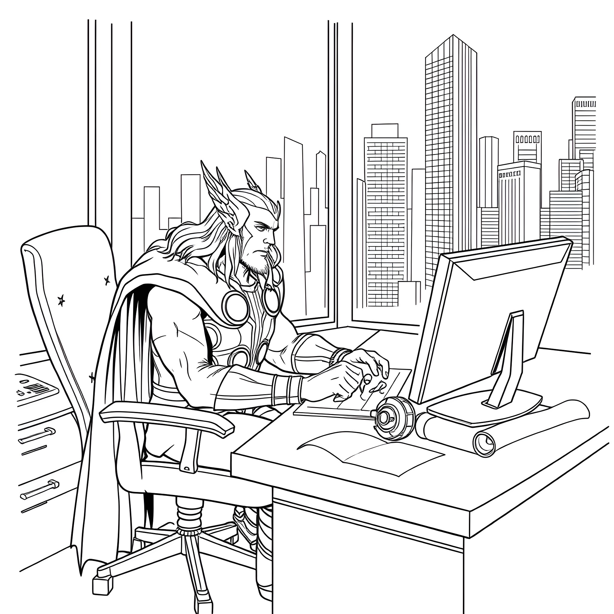 Thor working diligently at his computer in the city Coloring Page (free black-and-white line drawing printable PDF for all, from beginners to advanced learners, including children, teens, adults, and seniors)