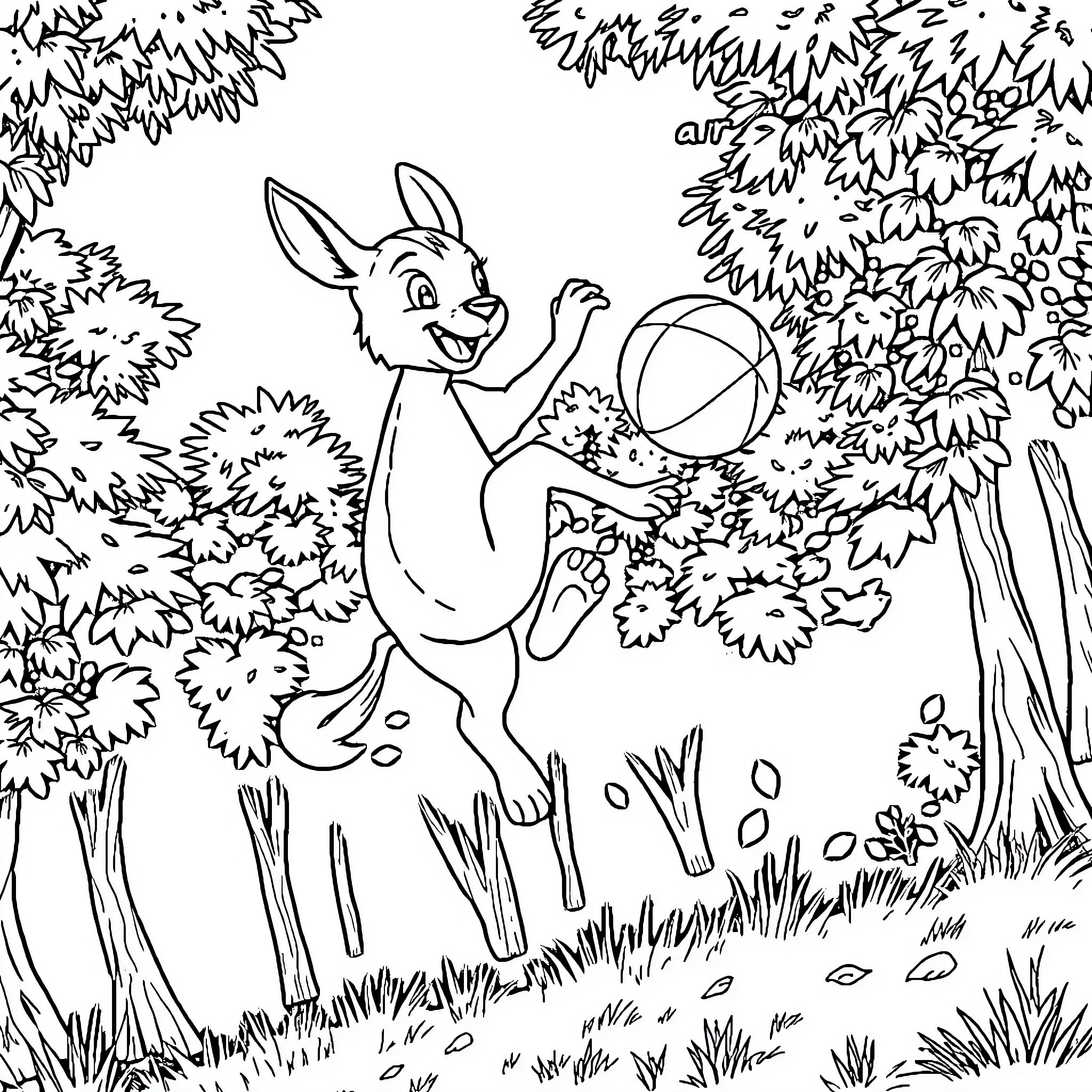 Rana the rabbit playing with ball in the forest Coloring Page (free black-and-white line drawing printable PDF for all, from beginners to advanced learners, including children, teens, adults, and seniors)