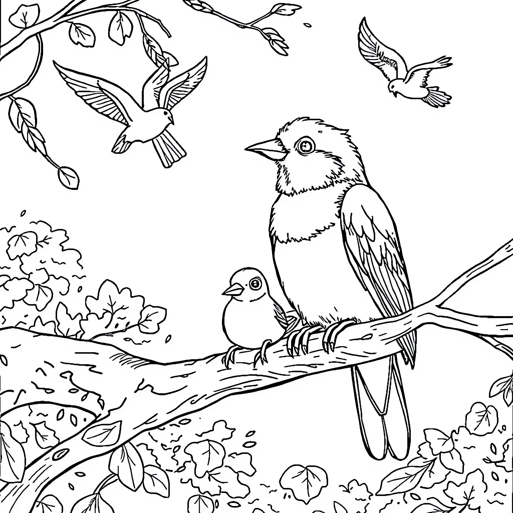 Bird pair perched on branch with flying birds Coloring Page (free black-and-white line drawing printable PDF for all, from beginners to advanced learners, including children, teens, adults, and seniors)