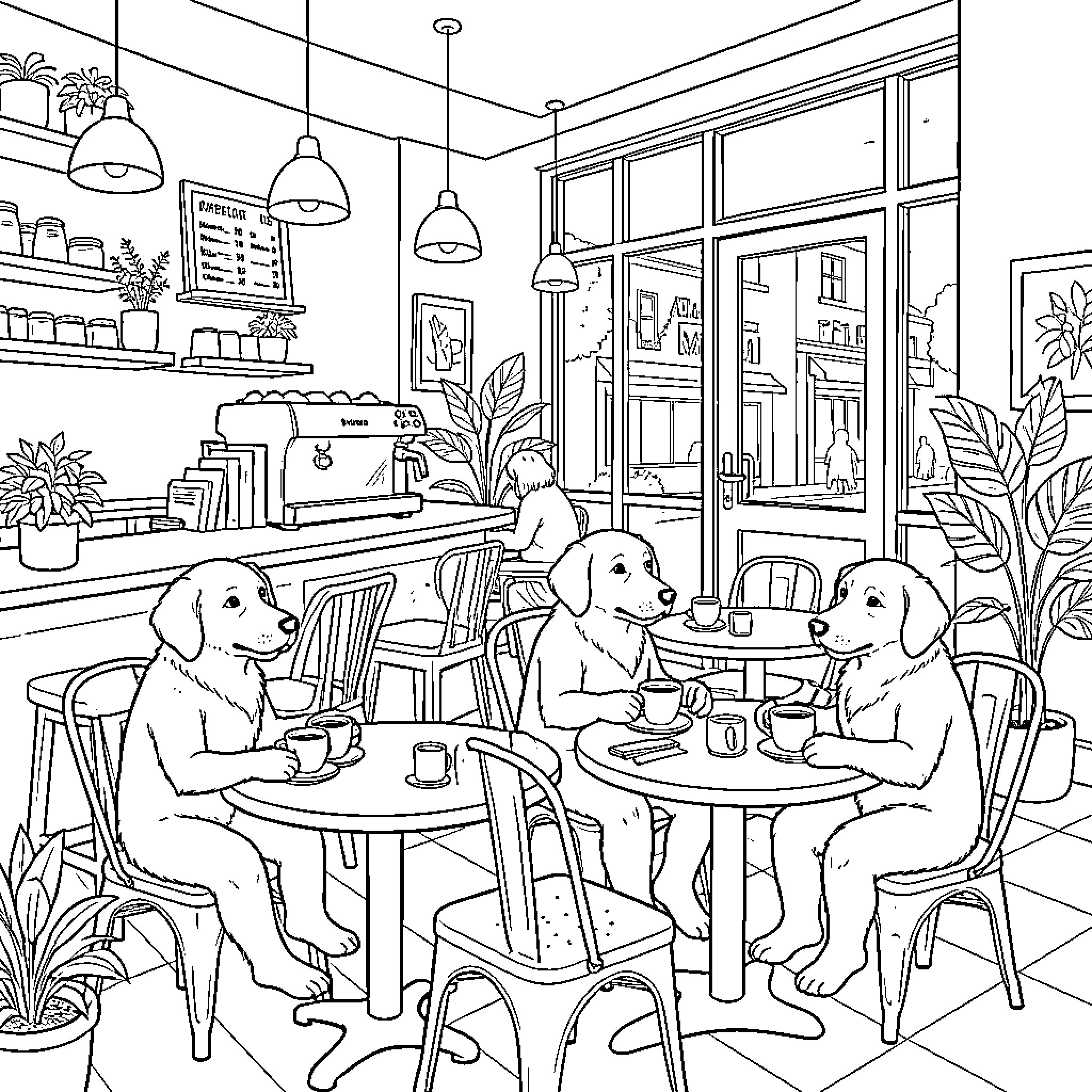 Cafe where dogs sit and enjoy coffee together Coloring Page (free black-and-white line drawing printable PDF for all, from beginners to advanced learners, including children, teens, adults, and seniors)