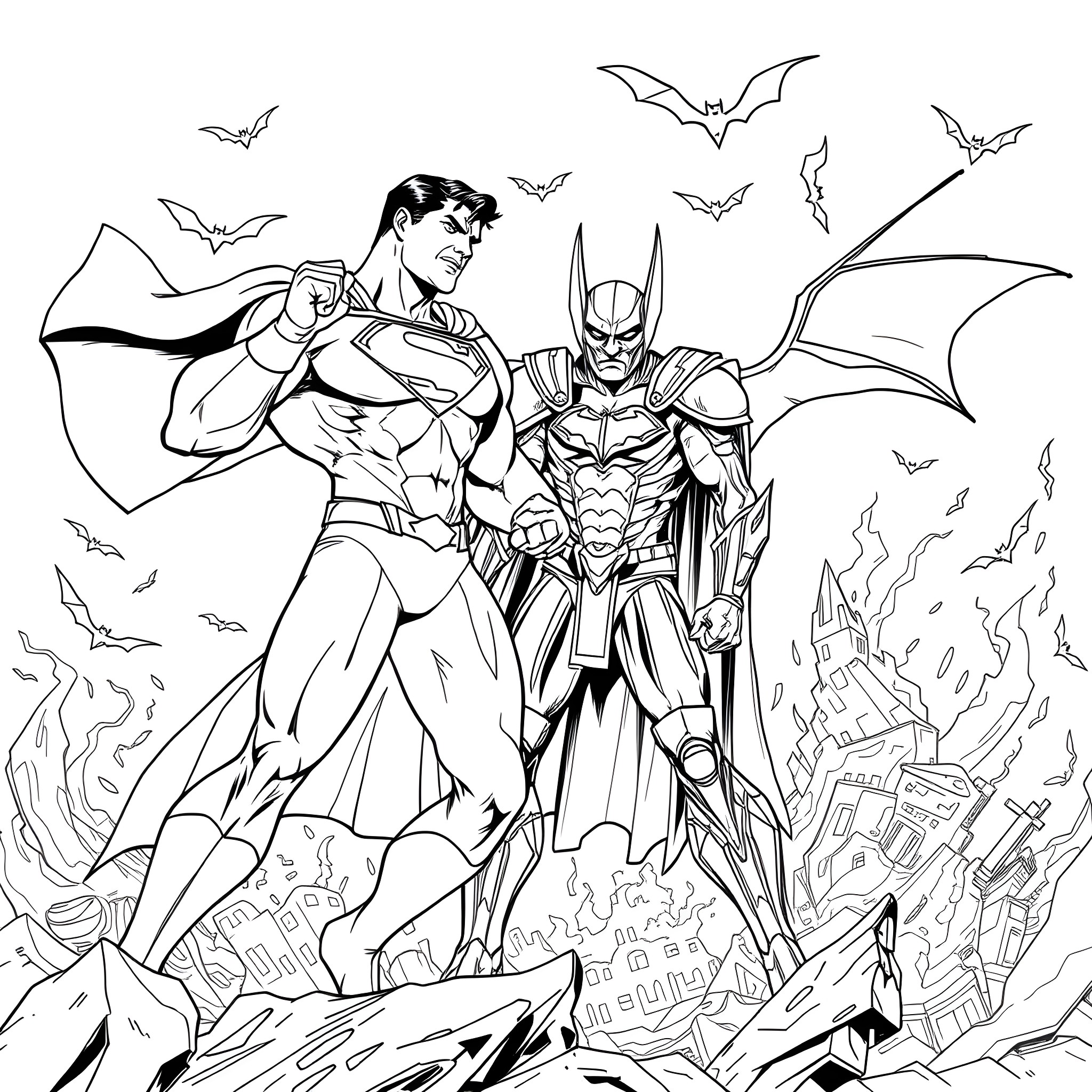 Superman and Batman heroically defending the city Coloring Page (free black-and-white line drawing printable PDF for all, from beginners to advanced learners, including children, teens, adults, and seniors)