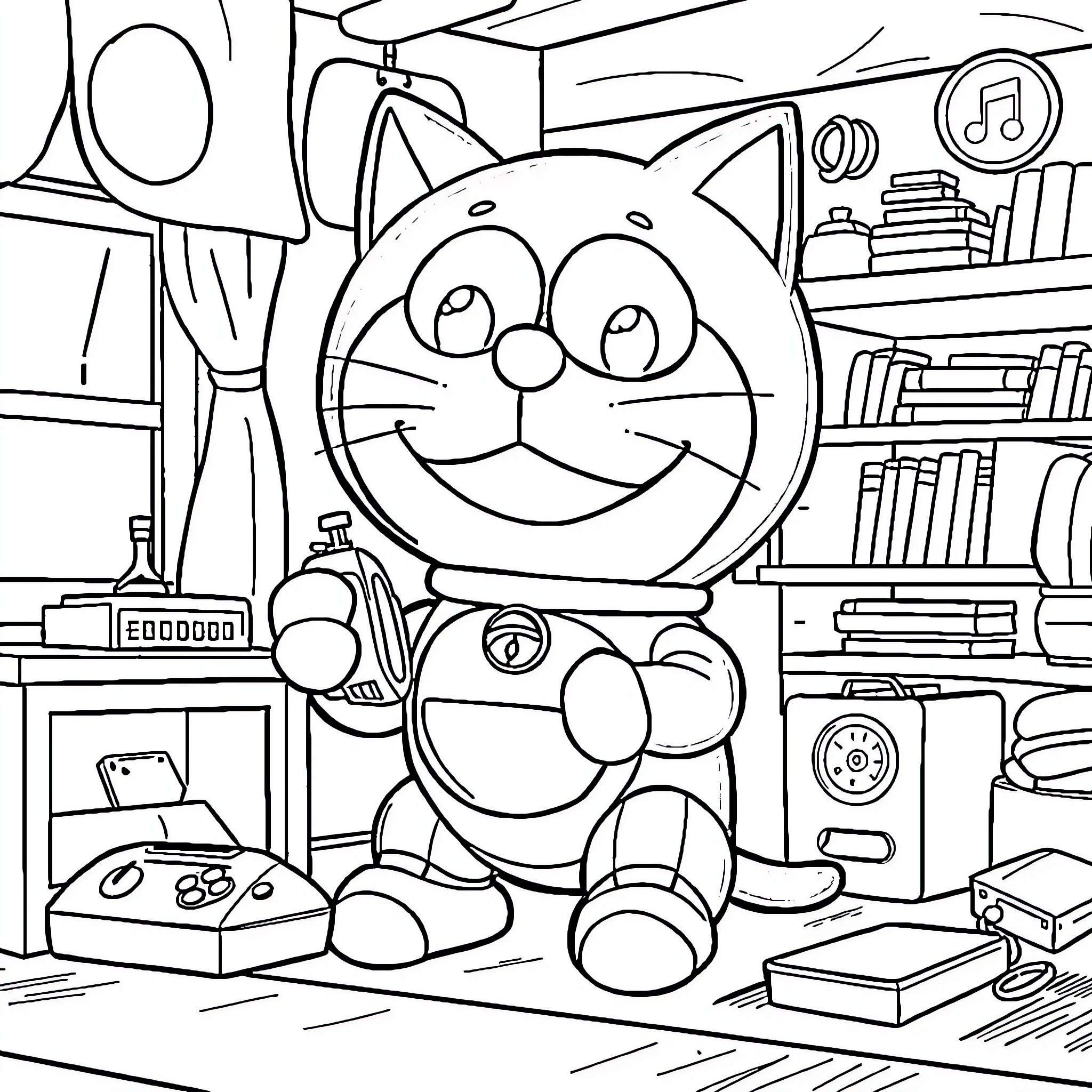 Doremon enjoying a cozy room with toys and books Coloring Page (free black-and-white line drawing printable PDF for all, from beginners to advanced learners, including children, teens, adults, and seniors)