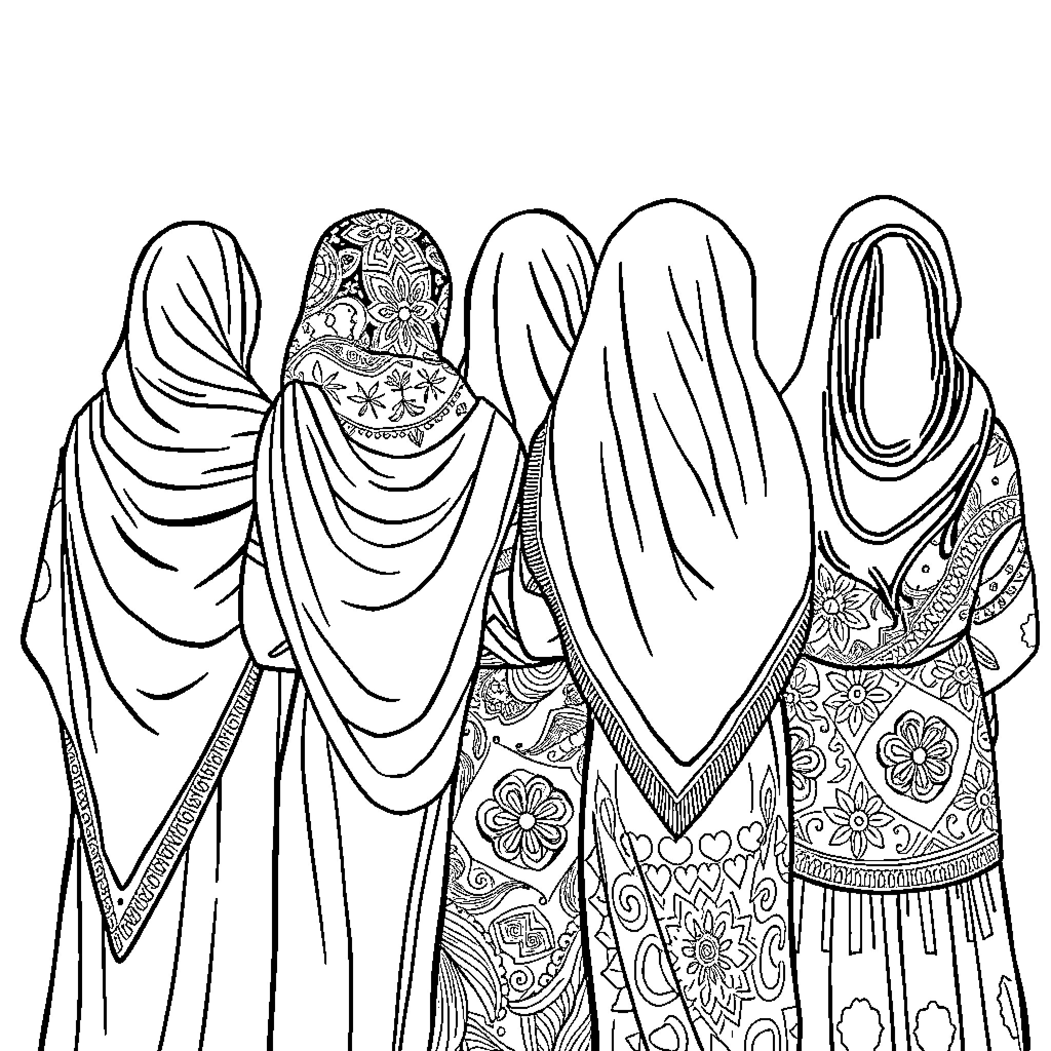 Women in traditional religious garments Coloring Page (free black-and-white line drawing printable PDF for all, from beginners to advanced learners, including children, teens, adults, and seniors)