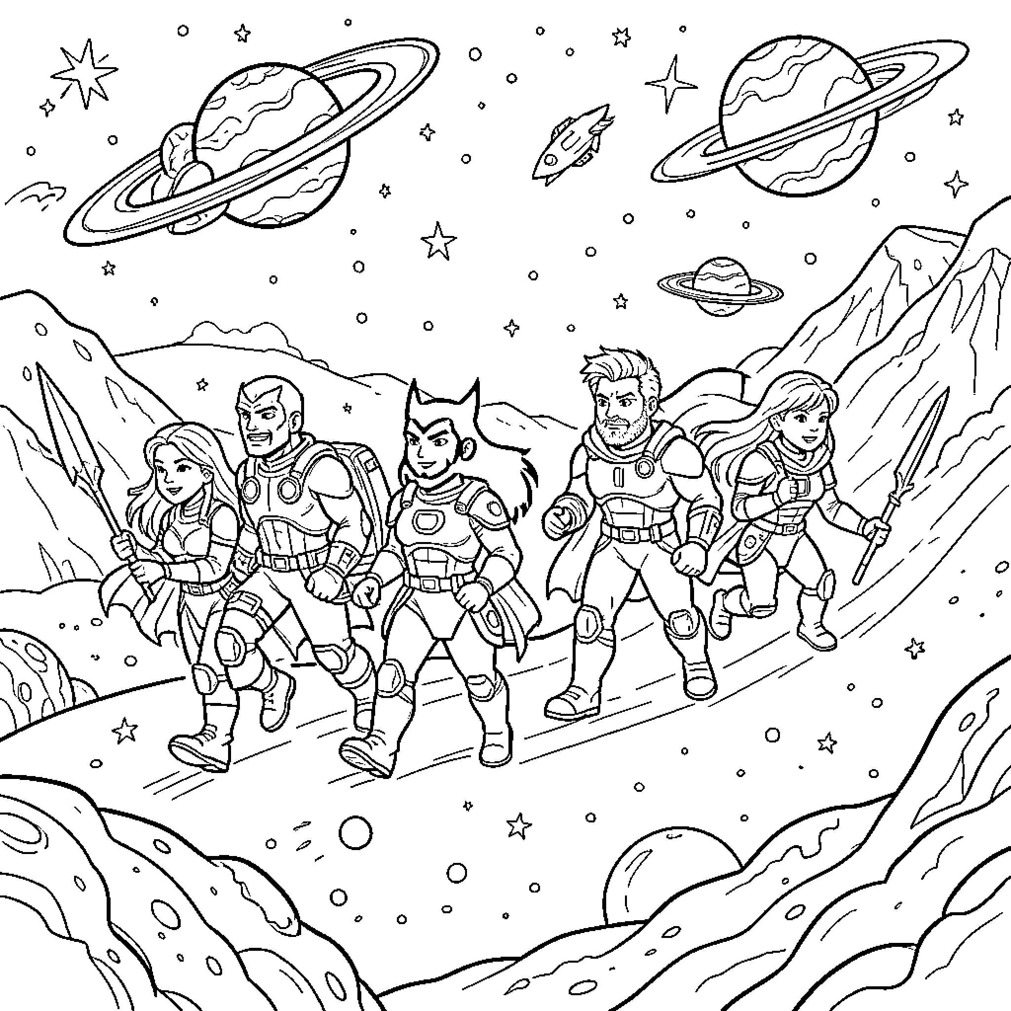 Guardian heroes walking through a vast space landscape Coloring Page (free black-and-white line drawing printable PDF for all, from beginners to advanced learners, including children, teens, adults, and seniors)