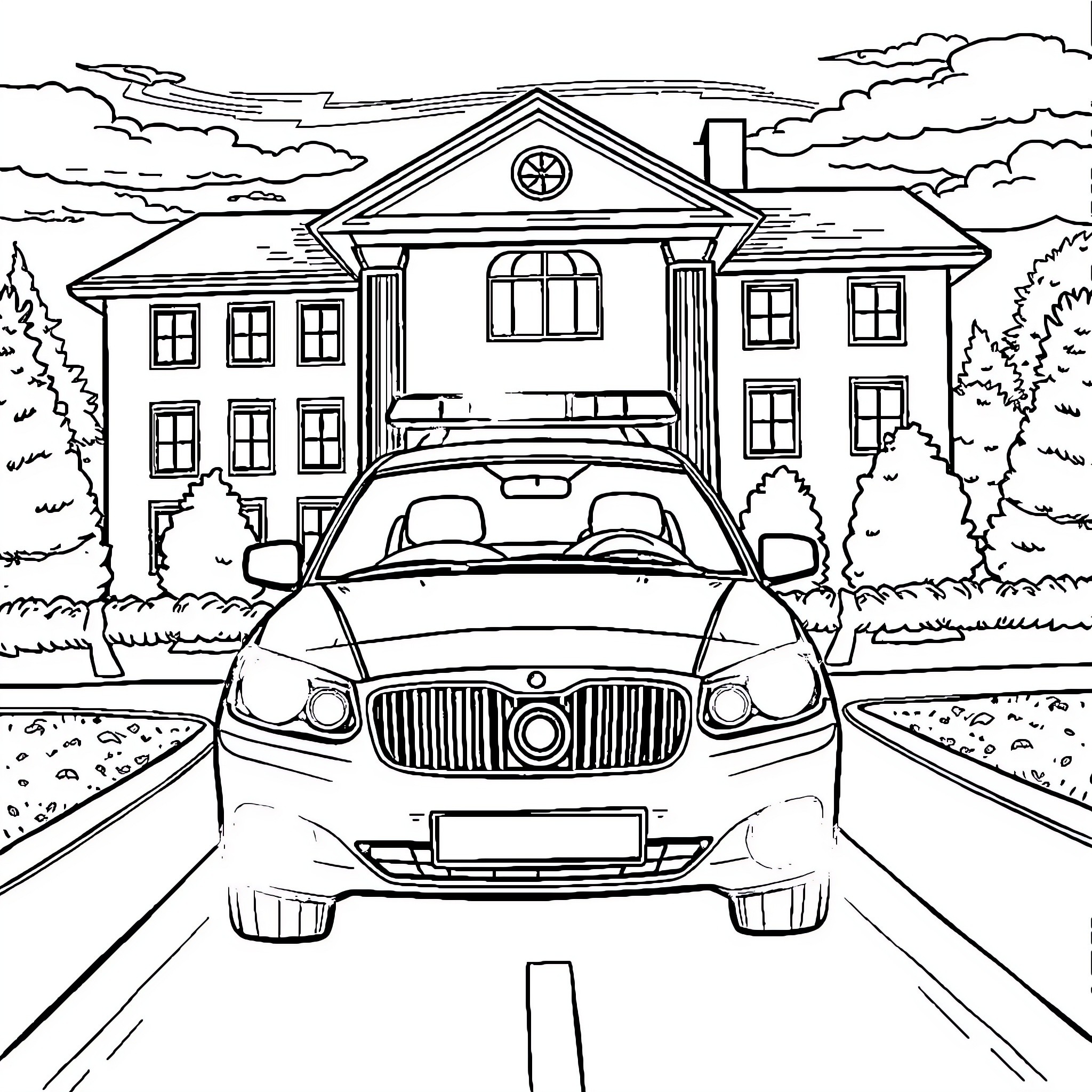 Police Car Parked Outside of School Building Coloring Page (free black-and-white line drawing printable PDF for all, from beginners to advanced learners, including children, teens, adults, and seniors)