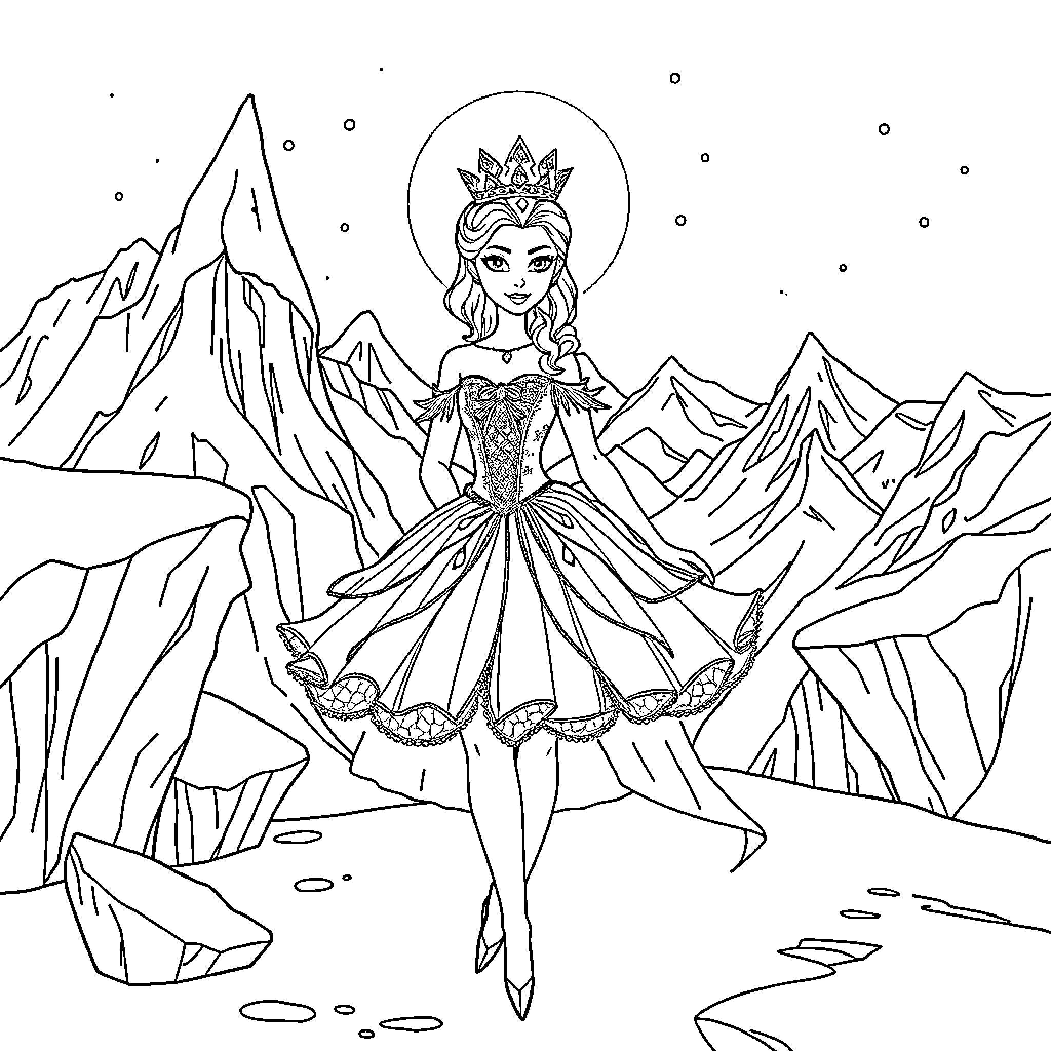 Snow Queen wearing a crown standing among snowy mountains Coloring Page (free black-and-white line drawing printable PDF for all, from beginners to advanced learners, including children, teens, adults, and seniors)