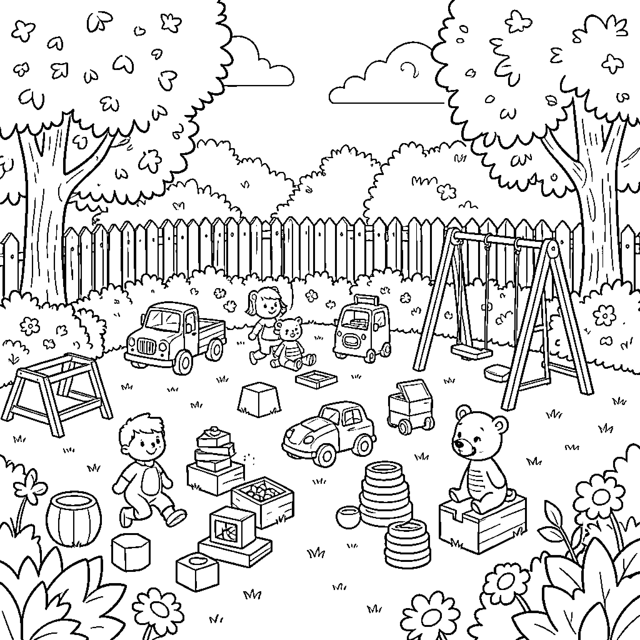 Kindergarten children playing with toys in a backyard Coloring Page (free black-and-white line drawing printable PDF for all, from beginners to advanced learners, including children, teens, adults, and seniors)