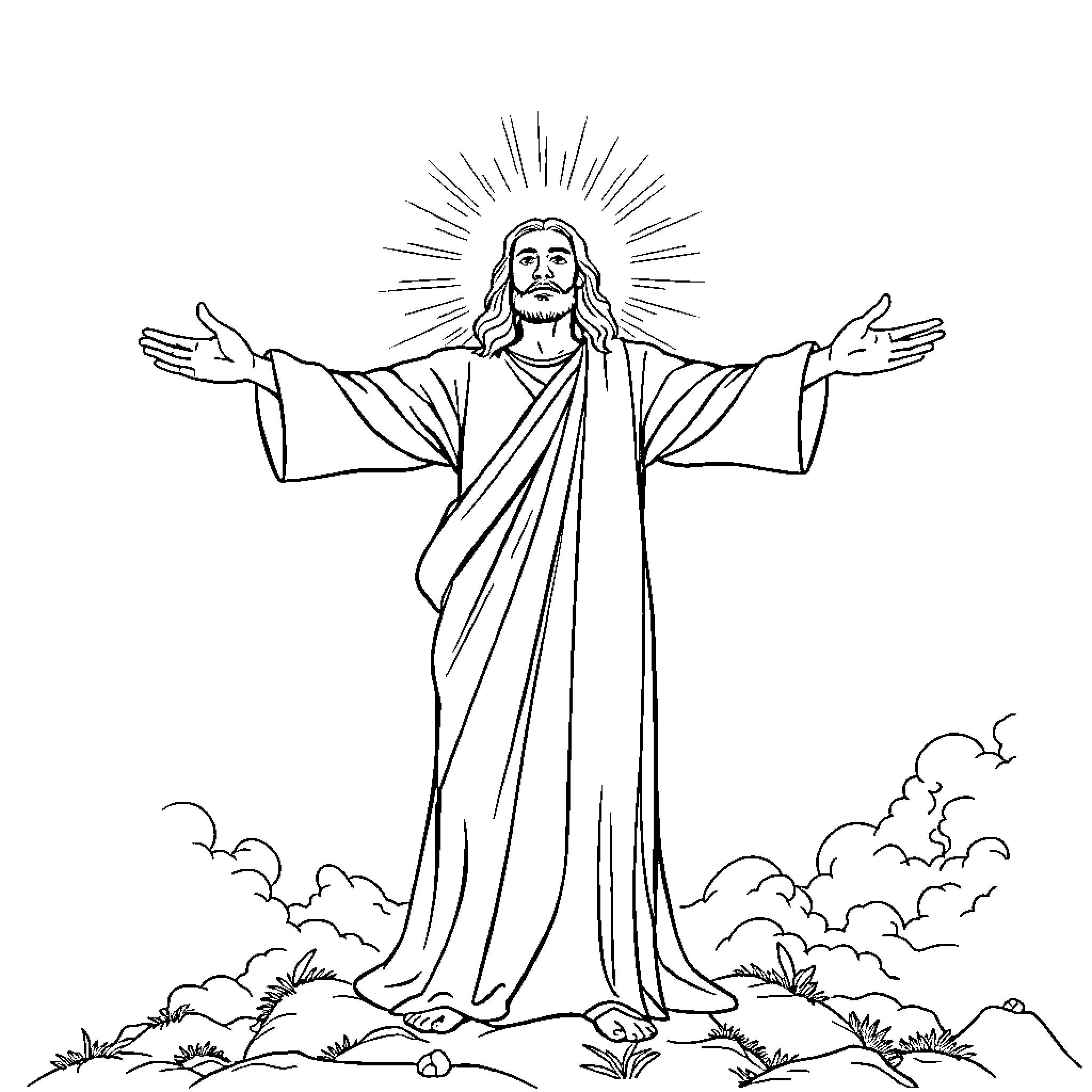 Jesus with outstretched arms amid clouds Coloring Page (free black-and-white line drawing printable PDF for all, from beginners to advanced learners, including children, teens, adults, and seniors)